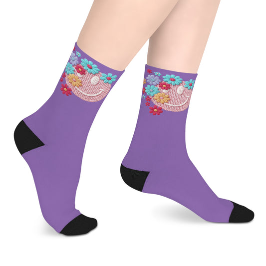 Purple Floral Smiley Mid-Length Socks — Cute Crochet Smile & Colorful Flowers