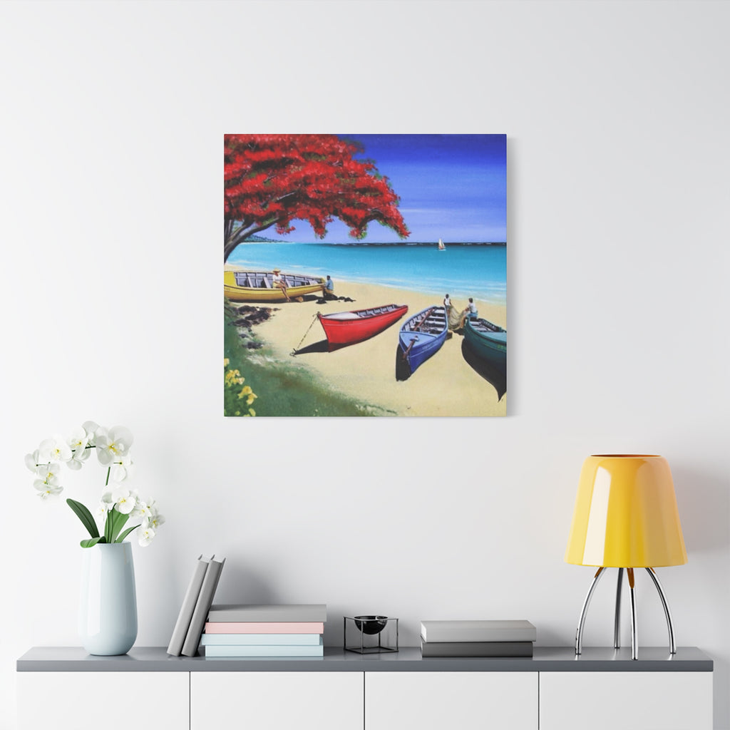 Beach Canoes Canvas Wall Art Tropical Seaside Landscape Matte Stretched Canvas