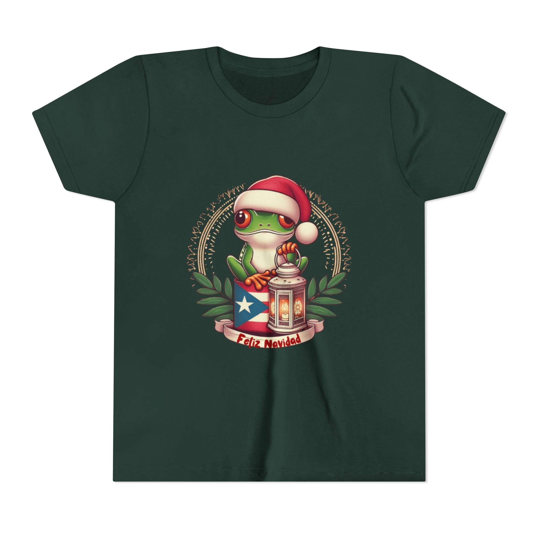 Kids Tee Cute Frog with Puerto Rican Flag & Lantern (Feliz Navidad)