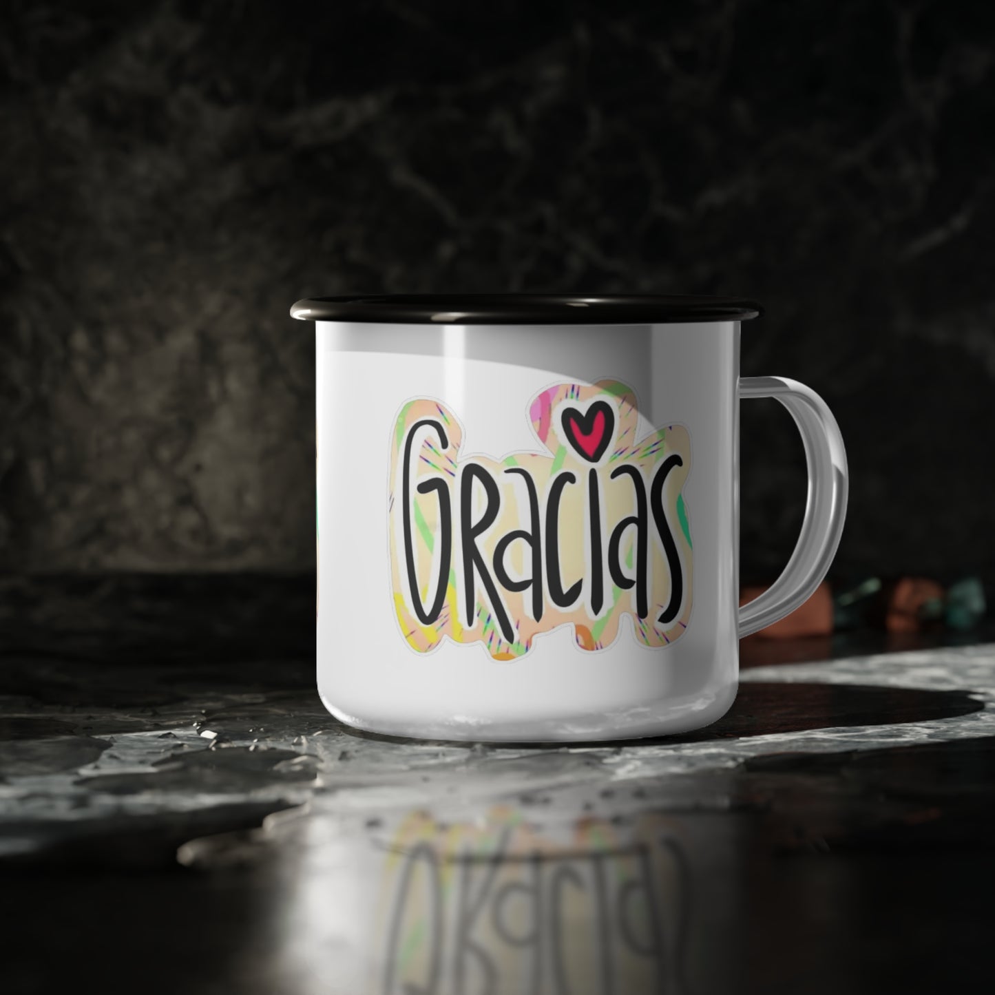 Comienza tu día con intención.Colorful Gracias Enamel Camp Cup, Outdoor Mug, Gift for Campers, Travel Mug, Coffee Cup, Gratitude Gift
