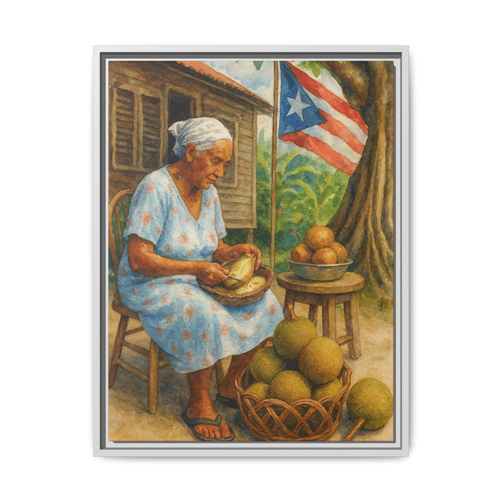Cultural & Story-Driven These Puerto Rico inspired  Framed Matte Canvas Print  Woman Shelling Fruit Vintage Tropical Painting