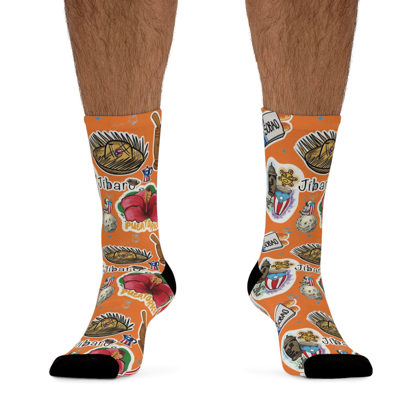 Navidad en Puerto Rico Travel Sticker Crew Socks — Bright Orange Vintage Passport & Hibiscus Pattern