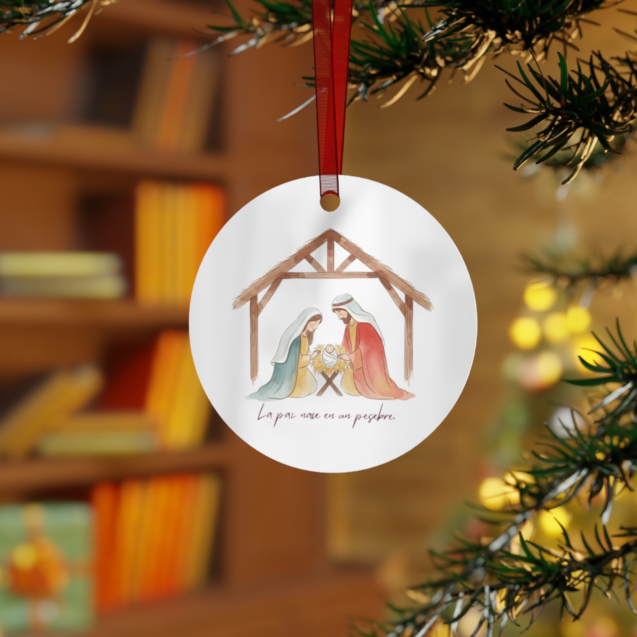 Nativity Metal Ornament — "La paz nace en un pesebre" Christmas Decoration