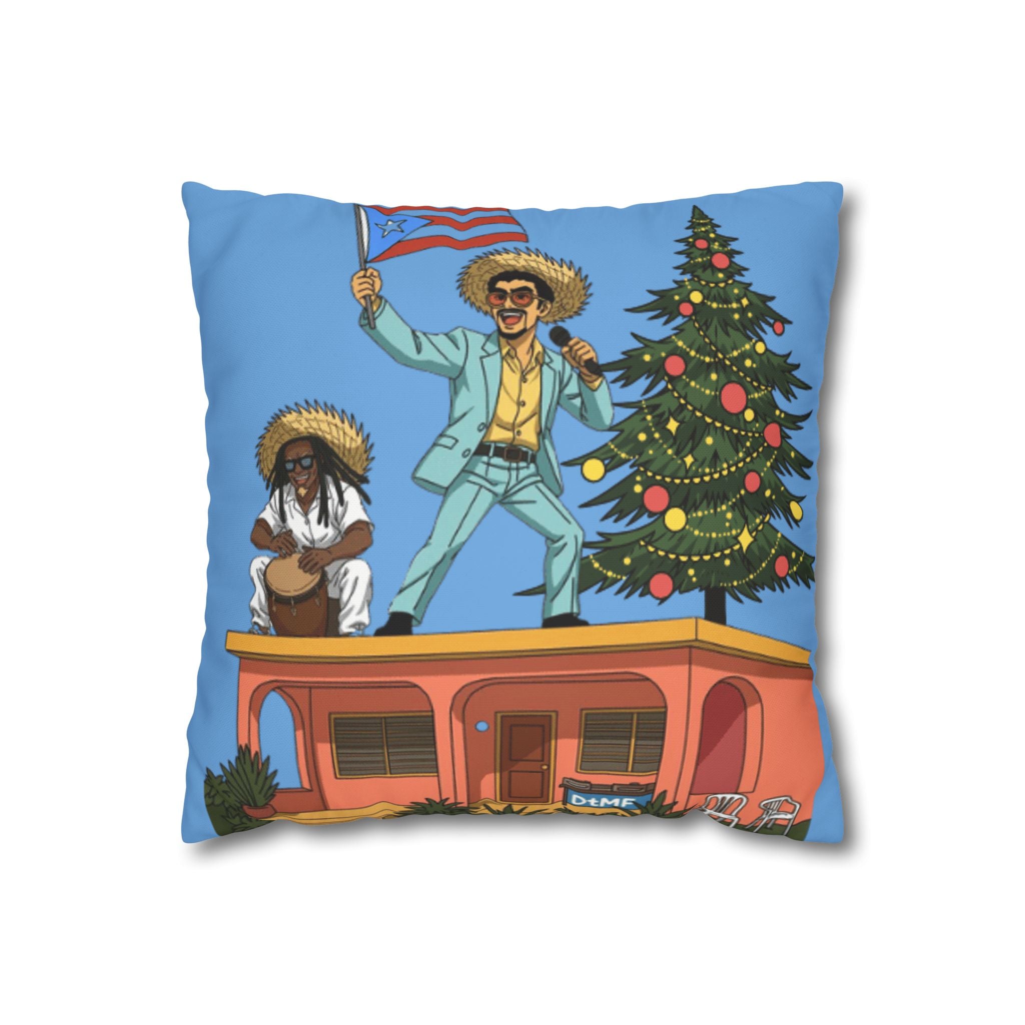 Holiday Vibes Pillow — Festive Duo Singing on Rooftop Christmas Throw Pillow Puerto Rico Culture Pillow