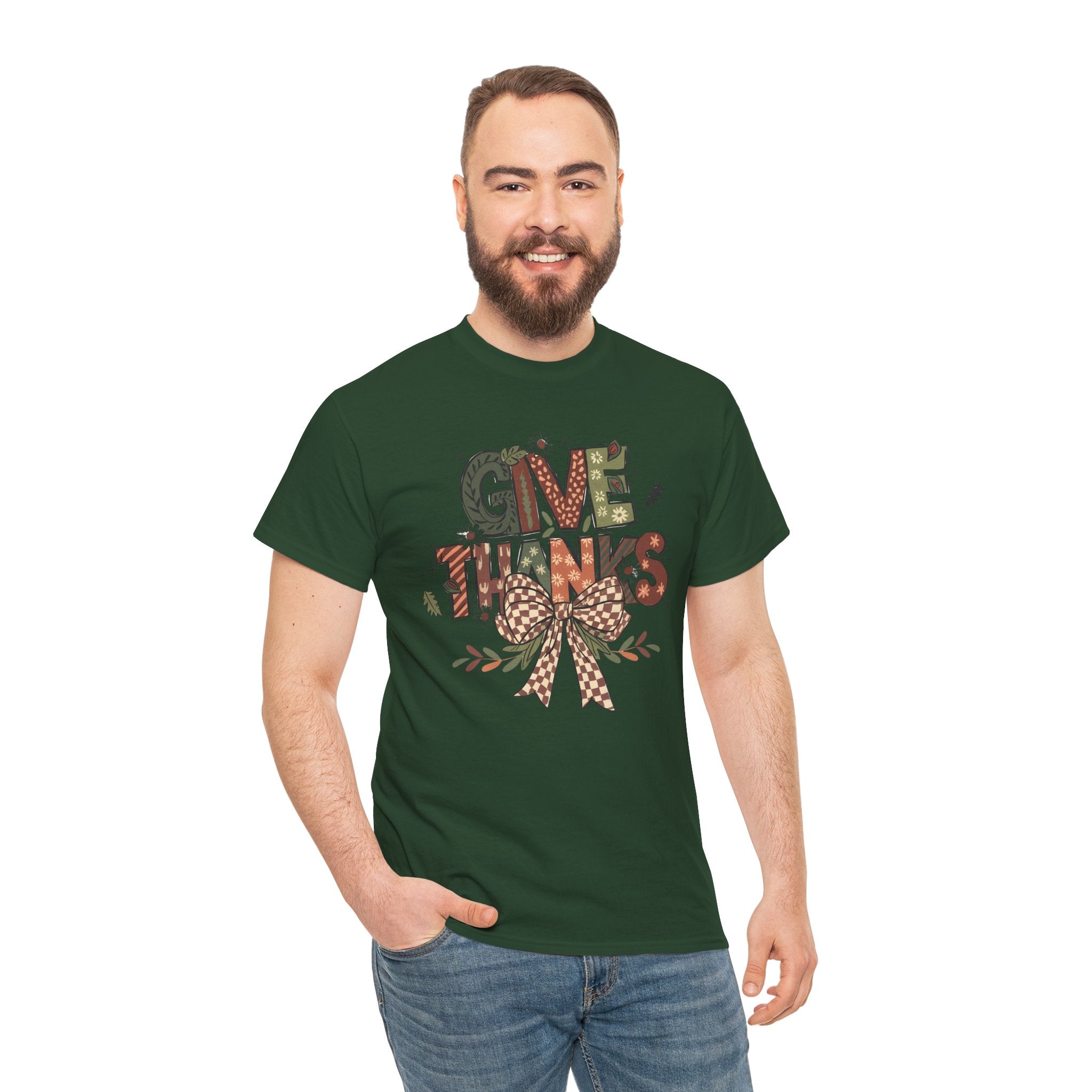 Give Thanks Tee Thanksgiving Graphic T-Shirt with Rustic Bow Design