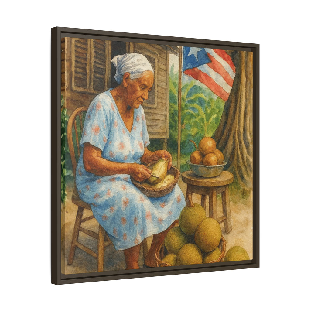 Cultural & Story-Driven These Puerto Rico inspired  Framed Matte Canvas Print  Woman Shelling Fruit Vintage Tropical Painting