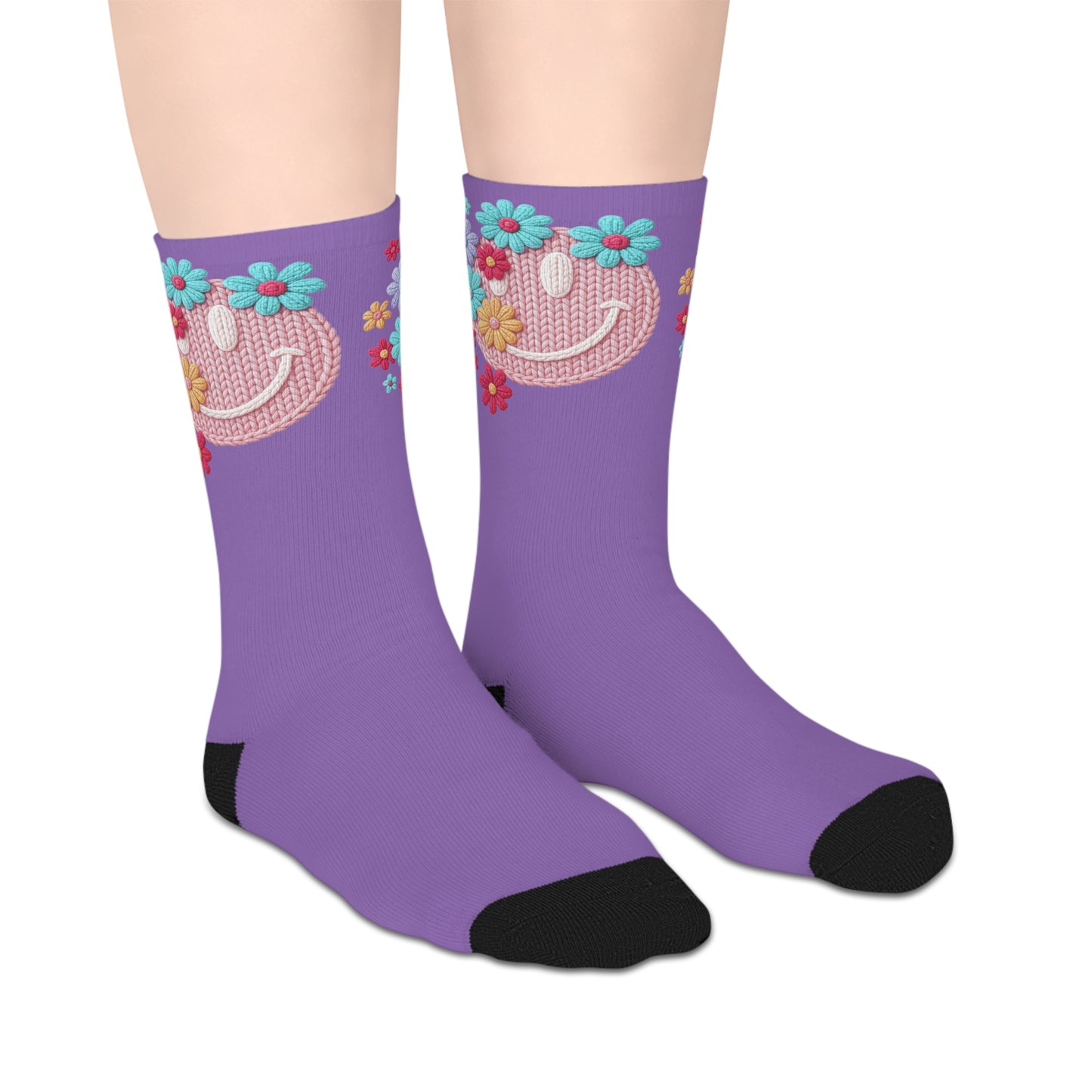 Purple Floral Smiley Mid-Length Socks — Cute Crochet Smile & Colorful Flowers