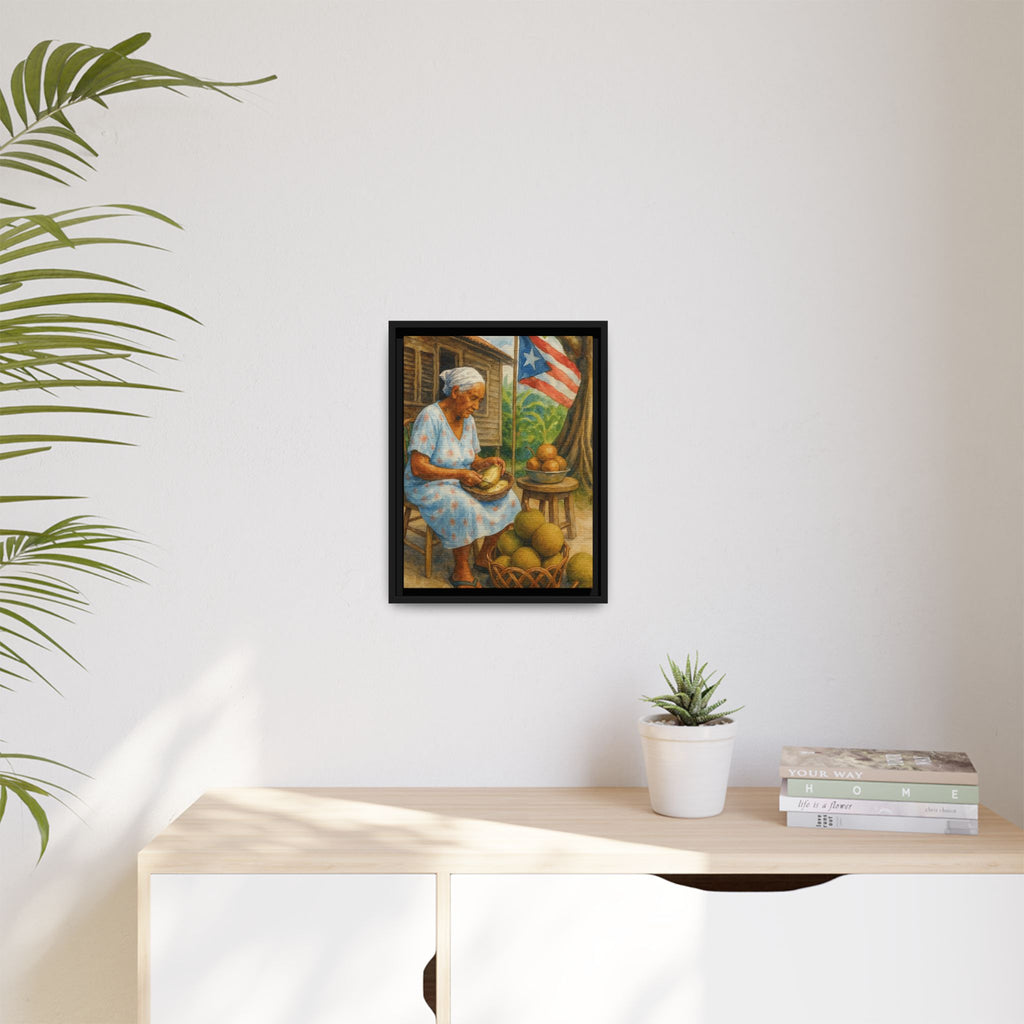 Cultural & Story-Driven These Puerto Rico inspired  Framed Matte Canvas Print  Woman Shelling Fruit Vintage Tropical Painting