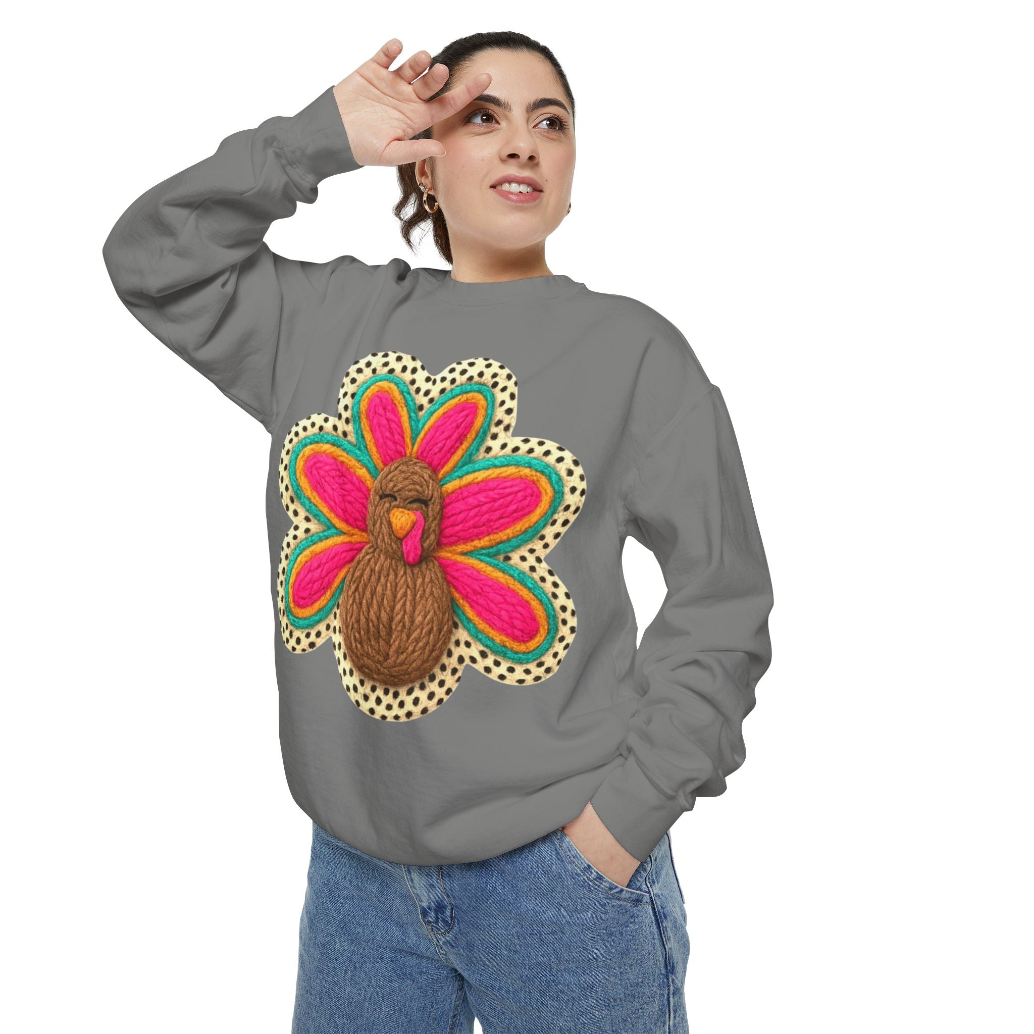 Festive Holiday Designs Turkey Patch Sweatshirt — Colorful Embroidered Thanksgiving Pullover
