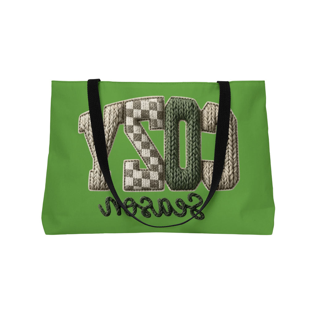 Cozy Season Weekender Tote Bag  Green Knit Lettering Travel & Weekend Carryall