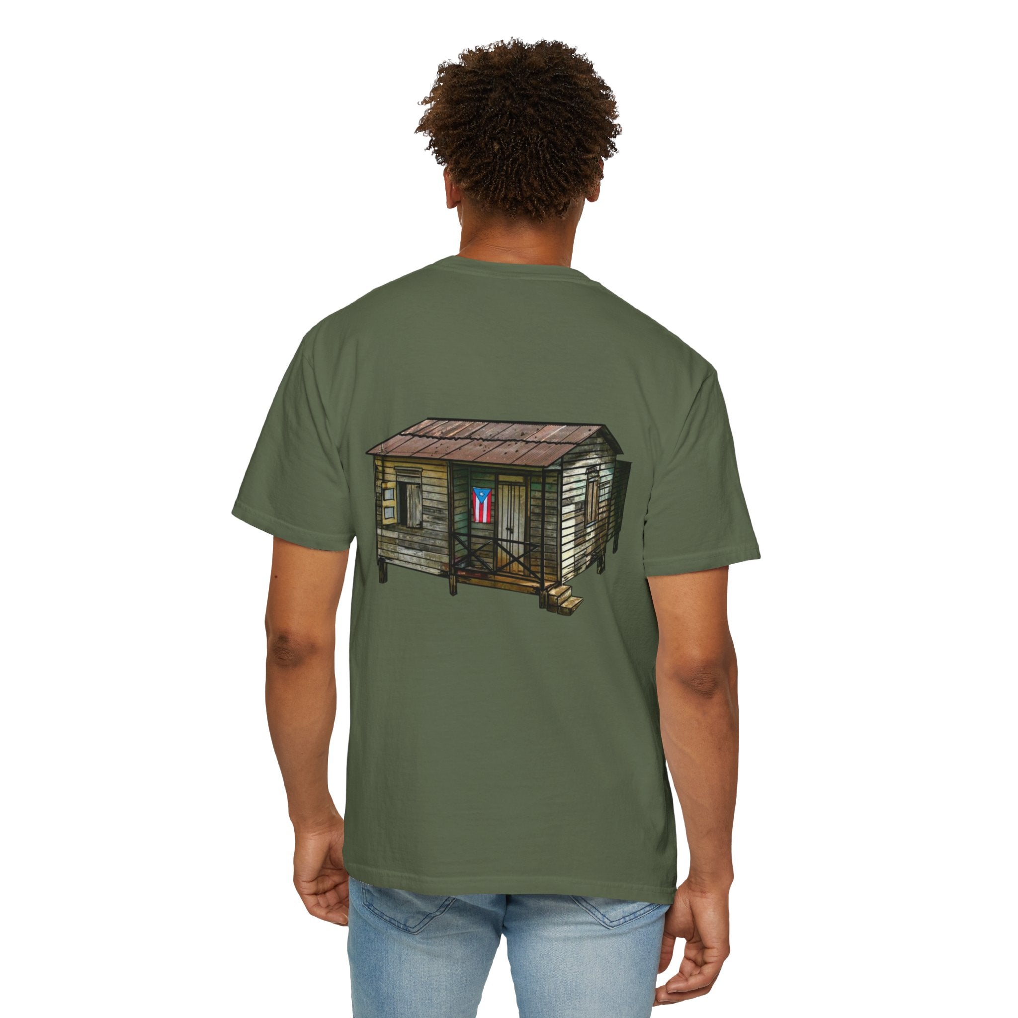 Puerto Rican Batey Cabin T-Shirt  Three Masks & Rustic House Graphic Tee Puerto Rico Navidades