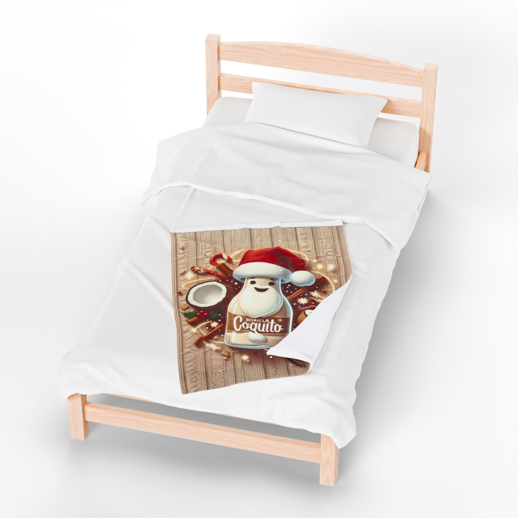 Coquito Santa Velveteen Plush Blanket Holiday Puerto Rican Coquito Design