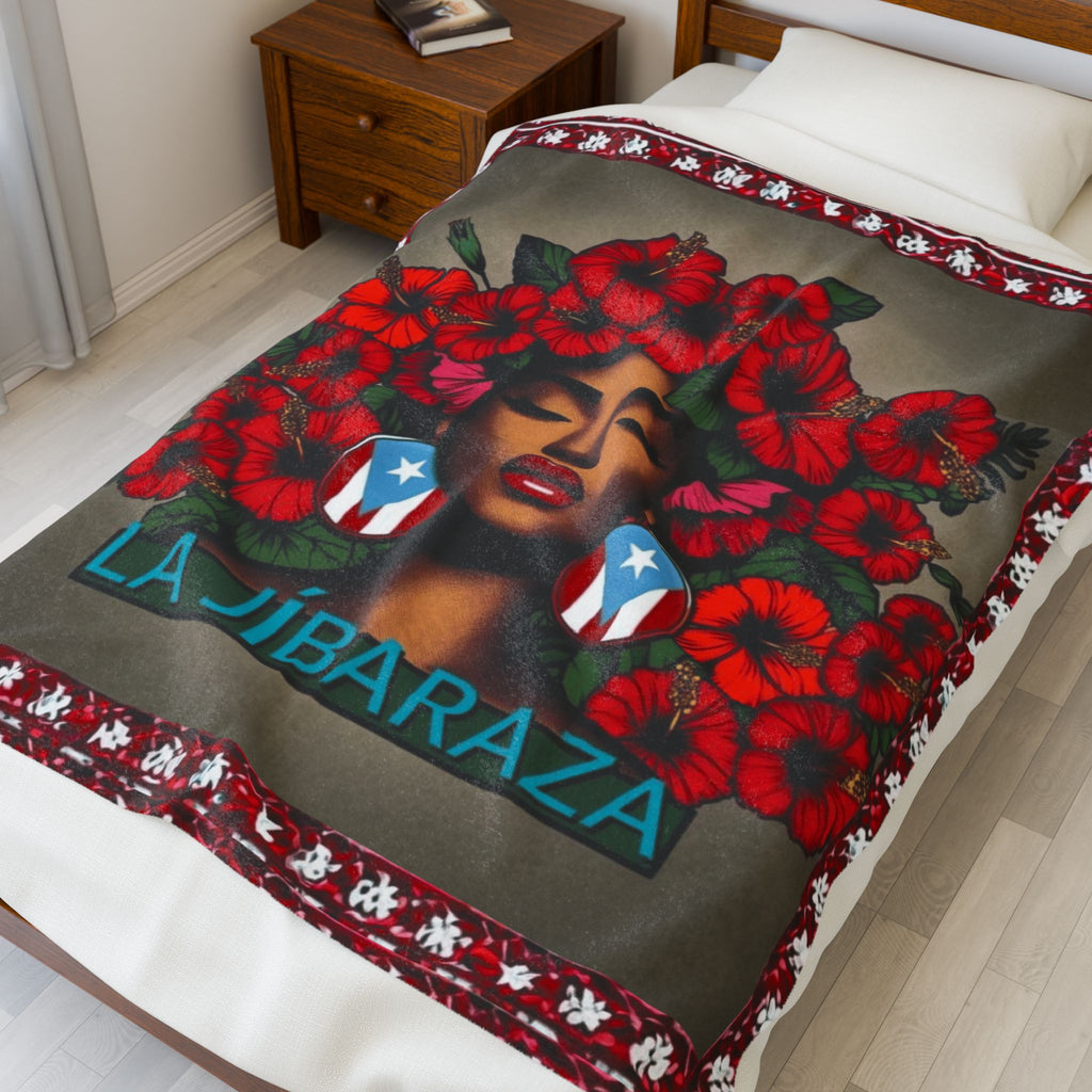 La Jíbaraza Velveteen Plush Blanket  Puerto Rican Floral Afro-Latina Portrait Throw