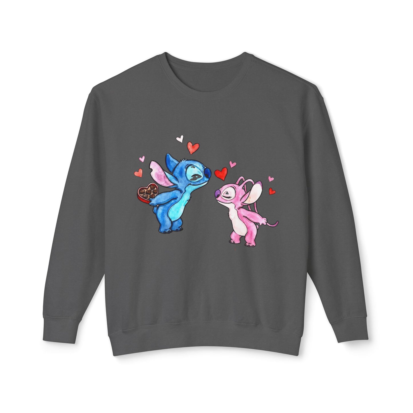 Cute Stitch Valentine Sweatshirt — Blue & Pink Love Characters with Hearts