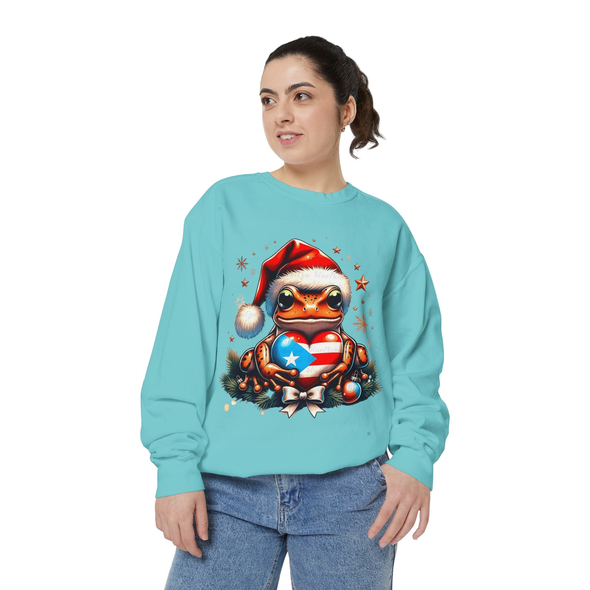 Christmas Coqui Sweatshirt — Cute Santa Frog Holding Ornament Holiday Sweater