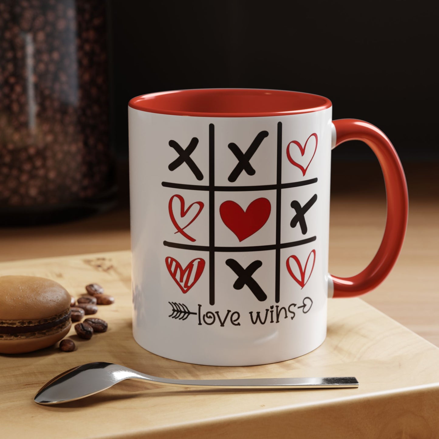 Love Wins Tic-Tac-Toe Heart Accent Coffee Mug — Romantic Valentine 11/15oz