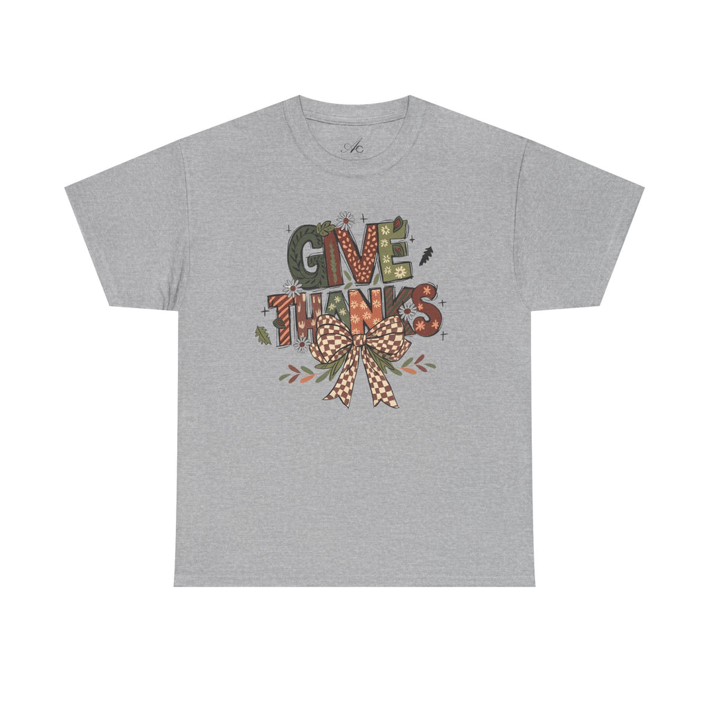 Give Thanks Tee Thanksgiving Graphic T-Shirt with Rustic Bow Design