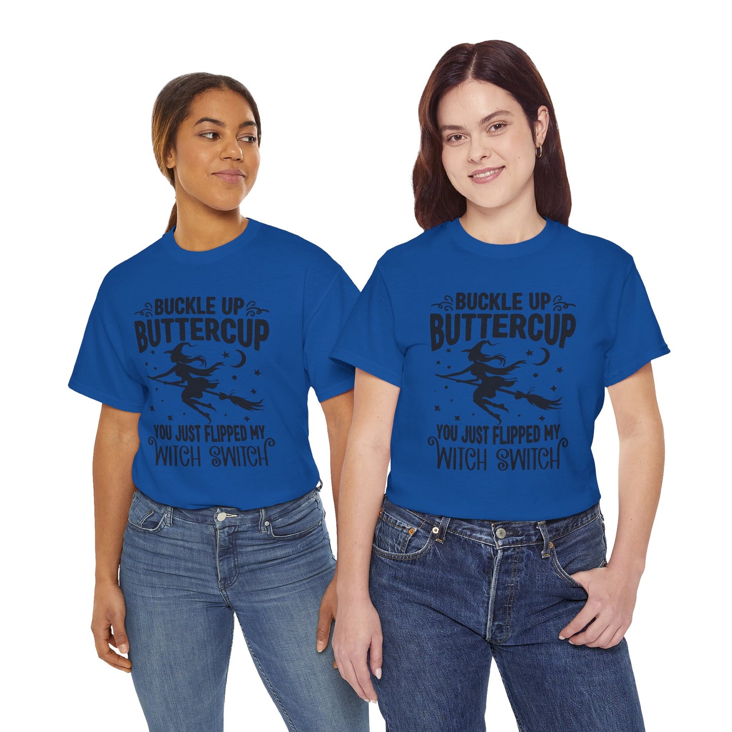 Witchy Humor Tee - Buckle Up Buttercup, Unisex Heavy Cotton Tee, Halloween Shirt, Casual Wear, Gift for Her, Funny T-Shirt