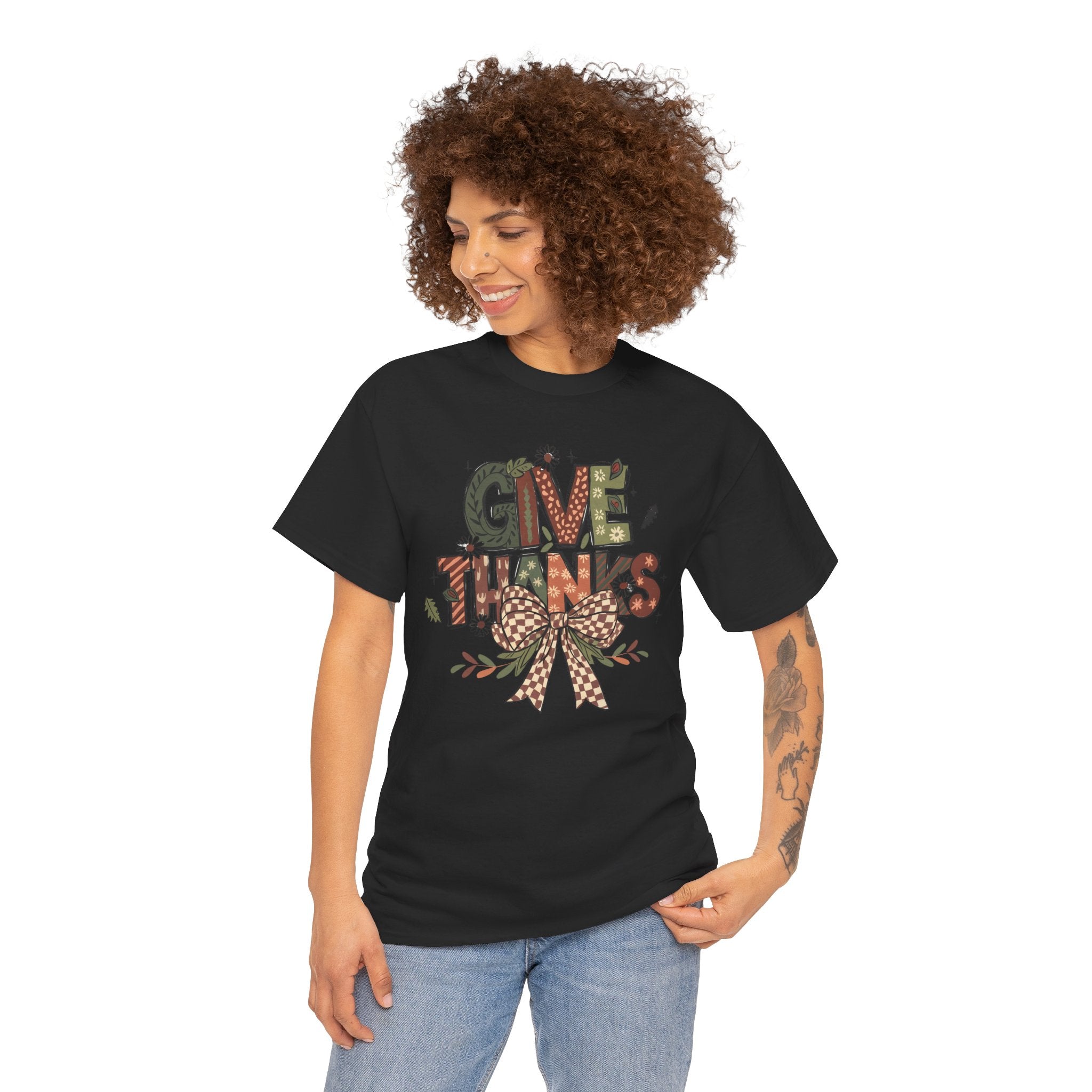 Give Thanks Tee Thanksgiving Graphic T-Shirt with Rustic Bow Design