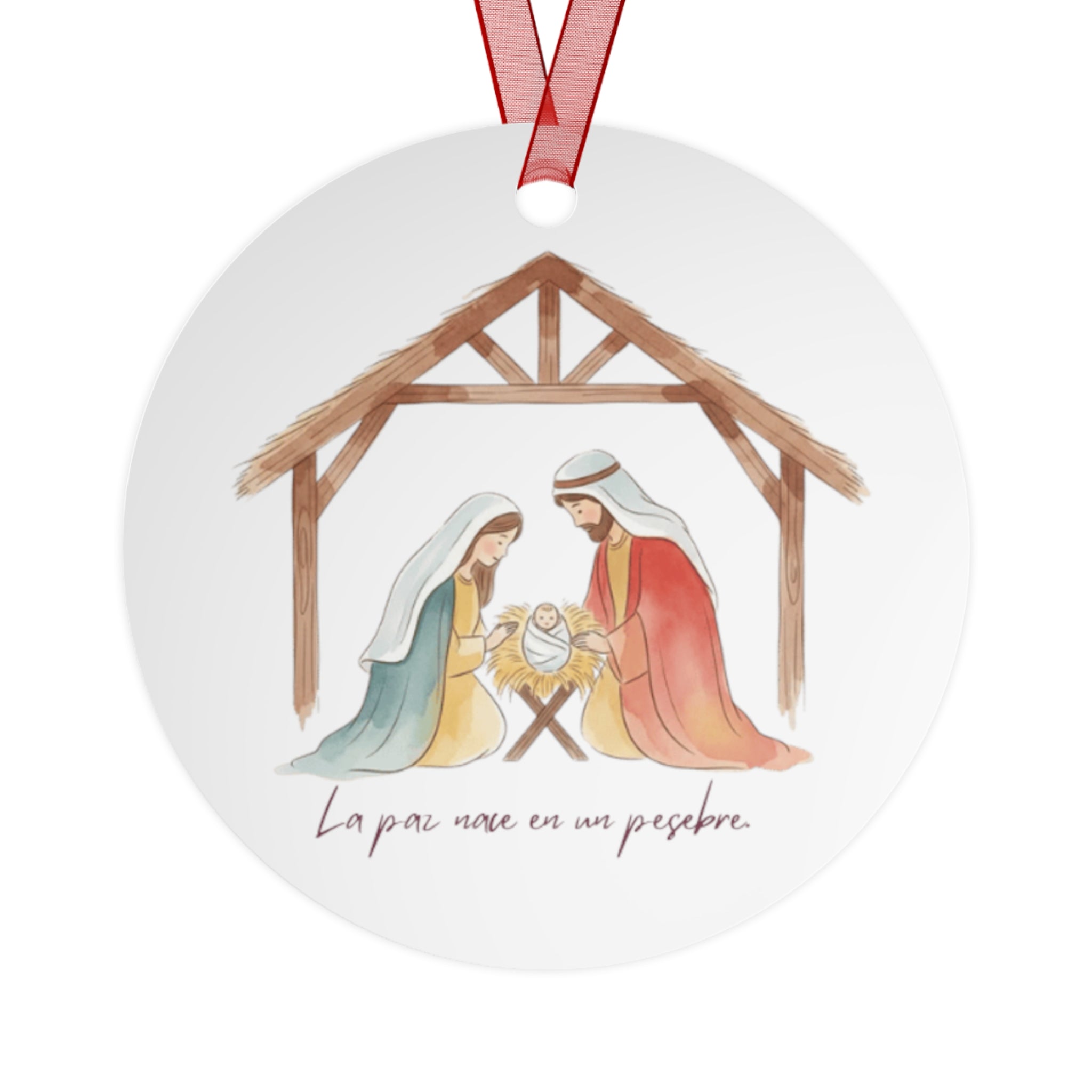 Nativity Metal Ornament — "La paz nace en un pesebre" Christmas Decoration