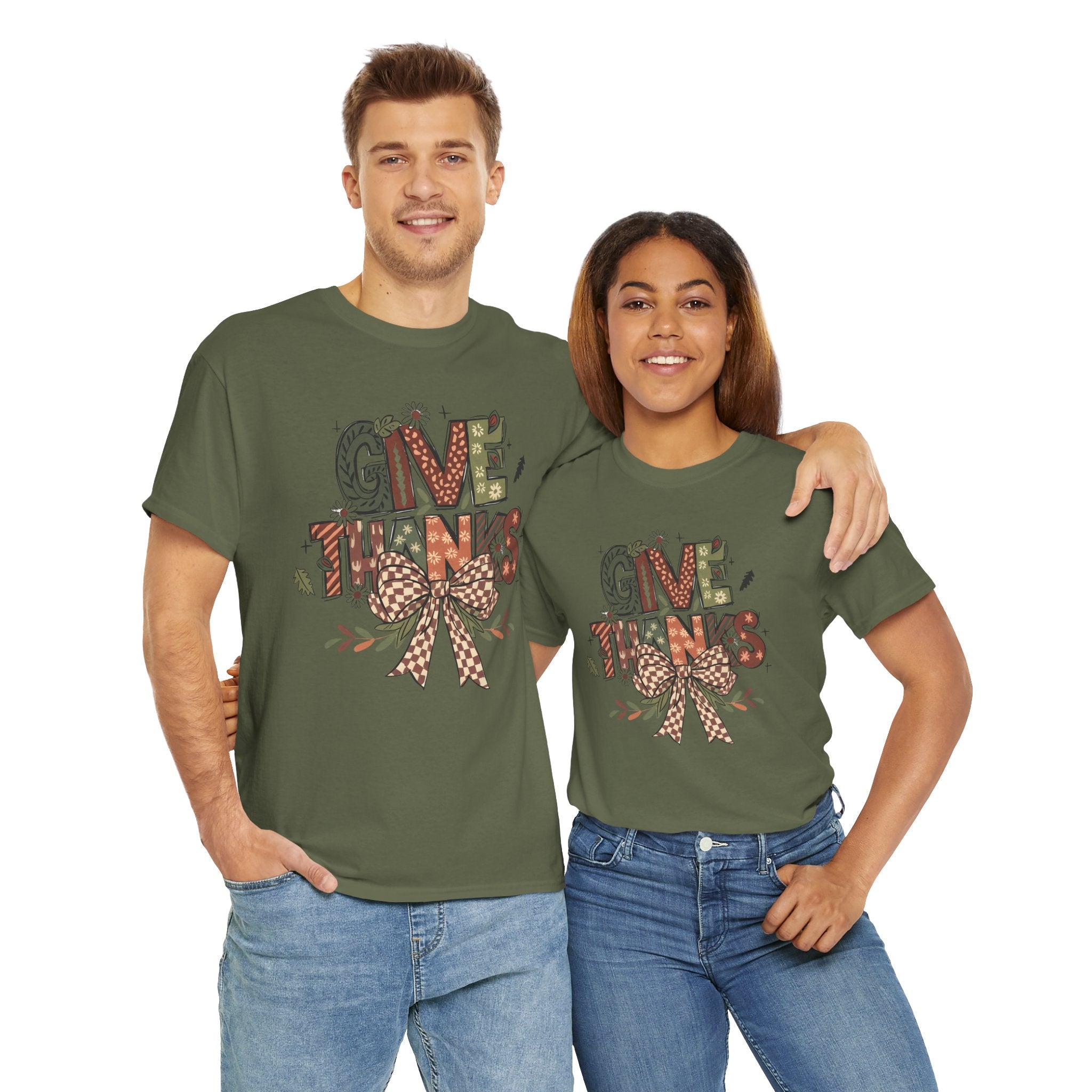 Give Thanks Tee Thanksgiving Graphic T-Shirt with Rustic Bow Design