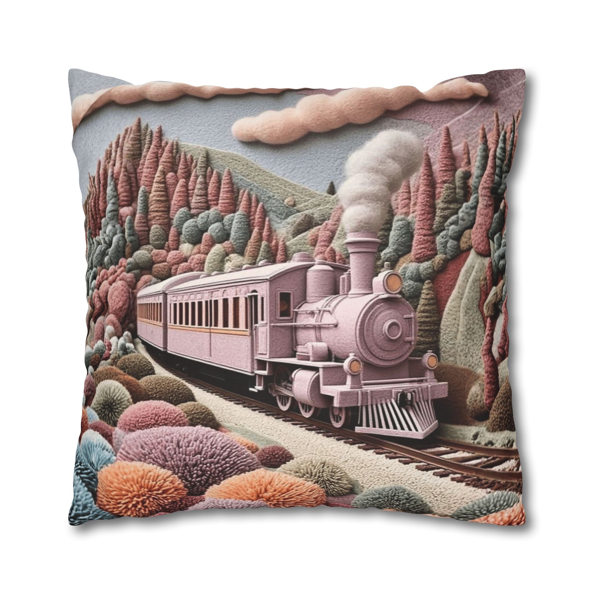 Vintage Pink Train Decorative Pillow – Whimsical Scenic Throw Pillowcase