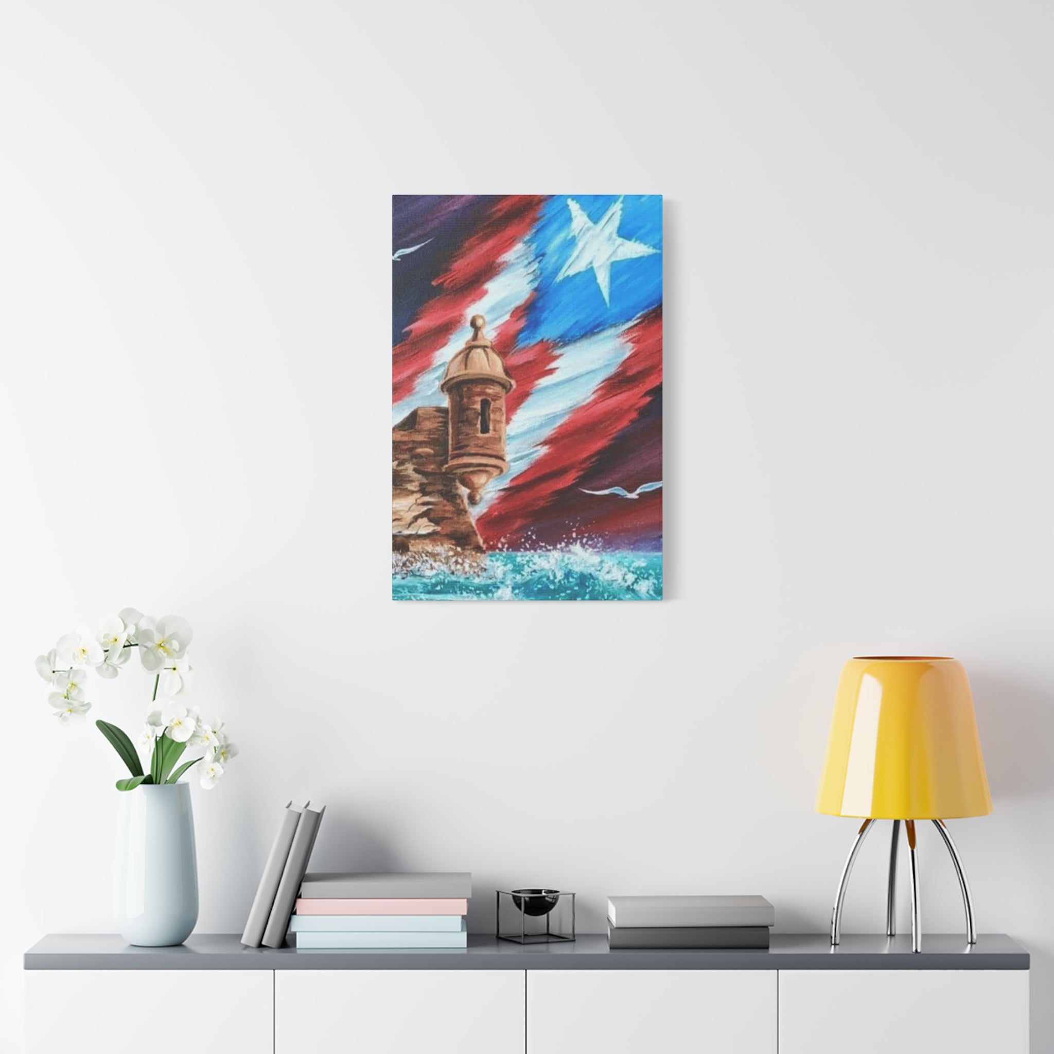 Patriotic Castillo Canvas Wall Art – Puerto Rico Flag Coastal Fortress Print