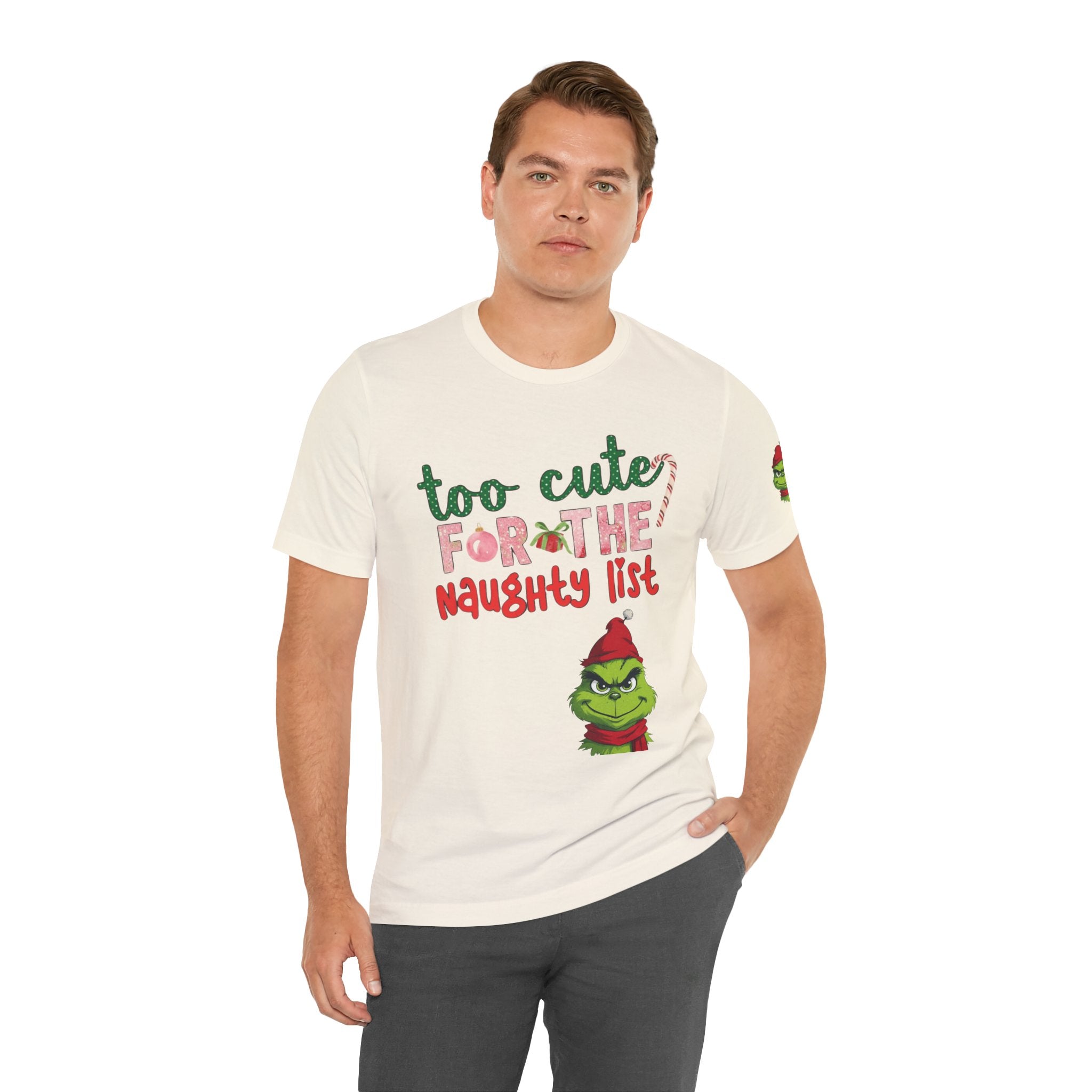Christmas T-Shirts and Sweatshirts Collection Cute Grinch Holiday Tee 'Too Cute for the Naughty List' Unisex Jersey T-Shirt