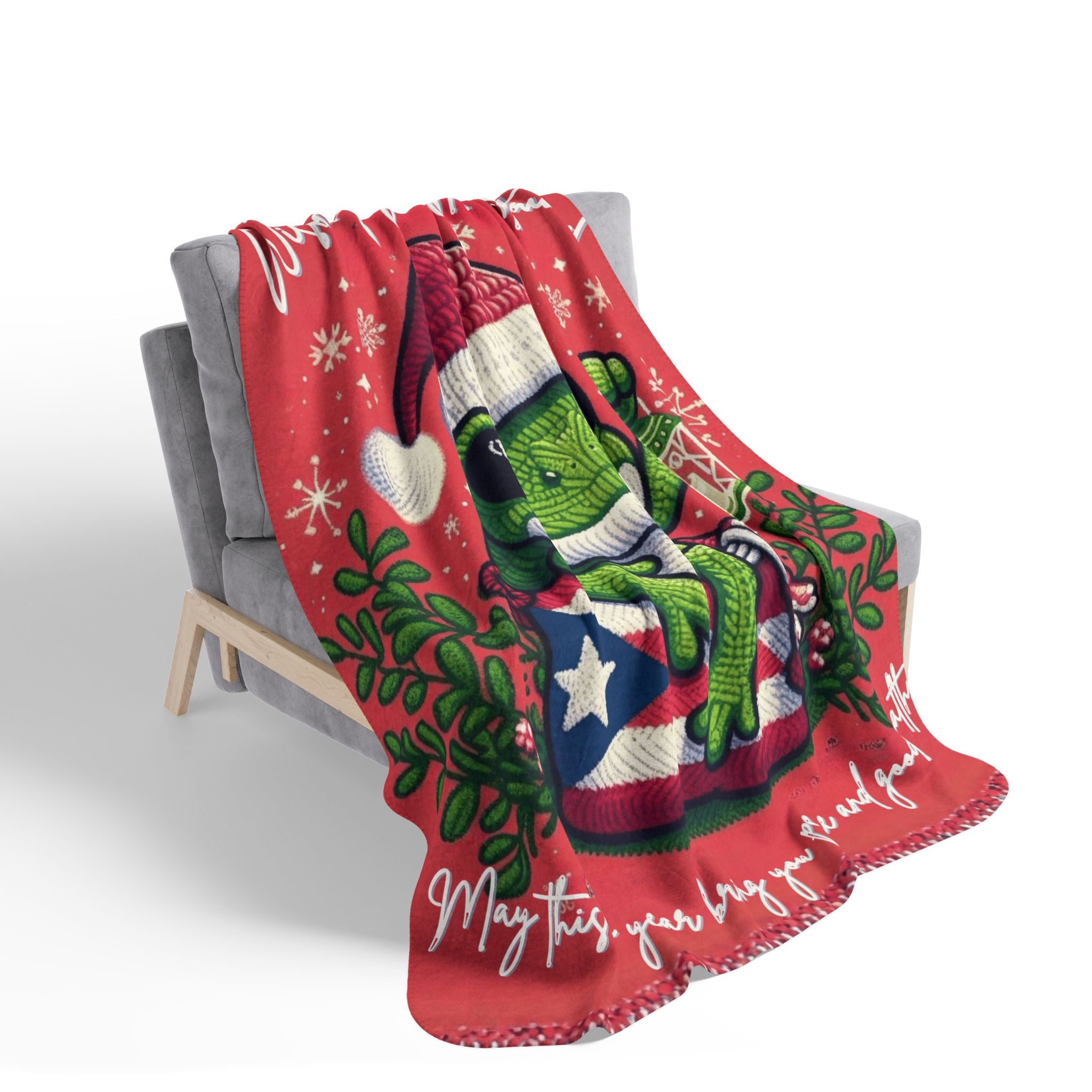 Puerto Rico Design Blanket Christmas Frog Sherpa Blanket – Holiday Cozy Throw with 'Wishing You a Joyful Christmas' Design