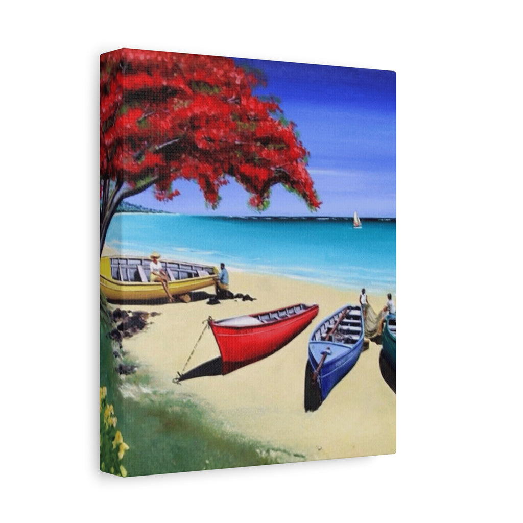 Beach Canoes Canvas Wall Art Tropical Seaside Landscape Matte Stretched Canvas