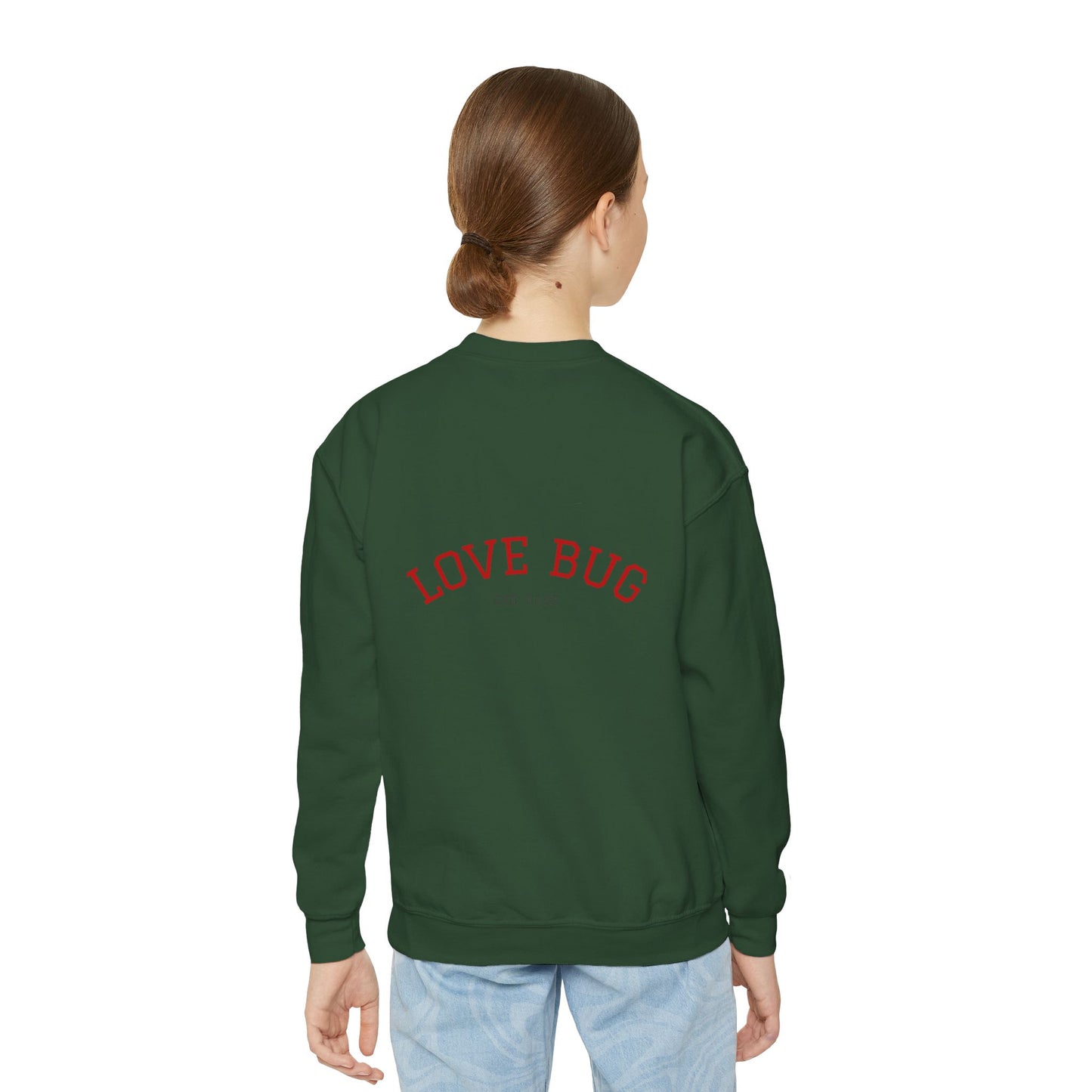 Youth Sweatshirt  Cute Girl with Heart Shower "Love Bug" Crewneck