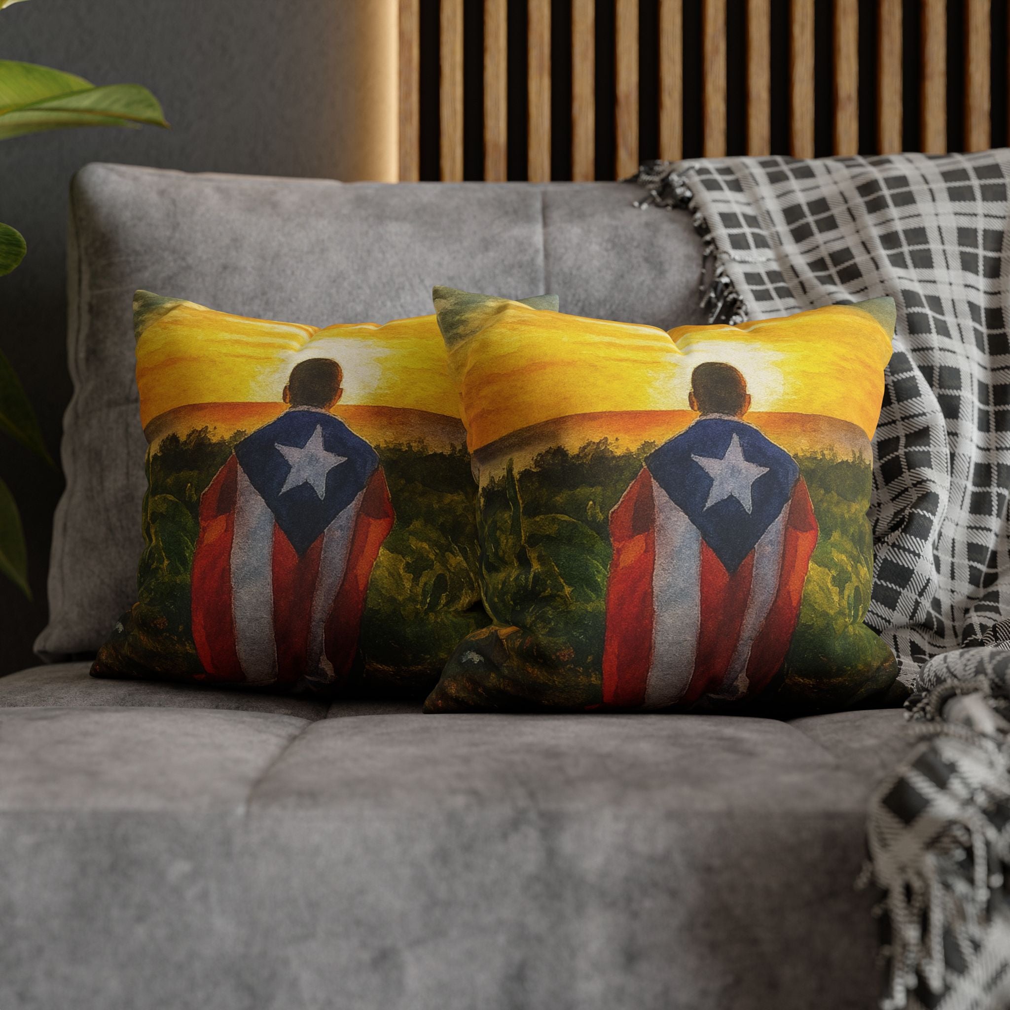 Puerto Rican Flag Sunset Pillowcase  Boy Draped in Puerto Rico Flag Decorative Throw Pillow Puerto Rico Culture Pillow