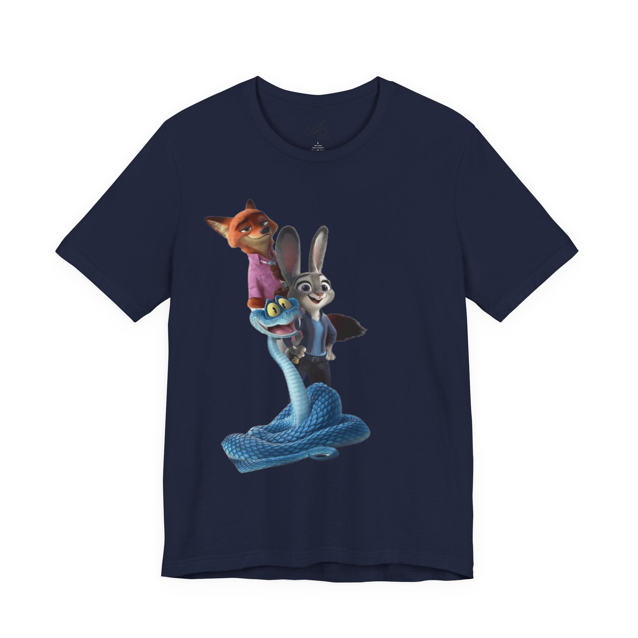 Animated Character Tee — Cute Fox & Bunny Stack Graphic T-Shirt  cartoon-style Christmas artwork