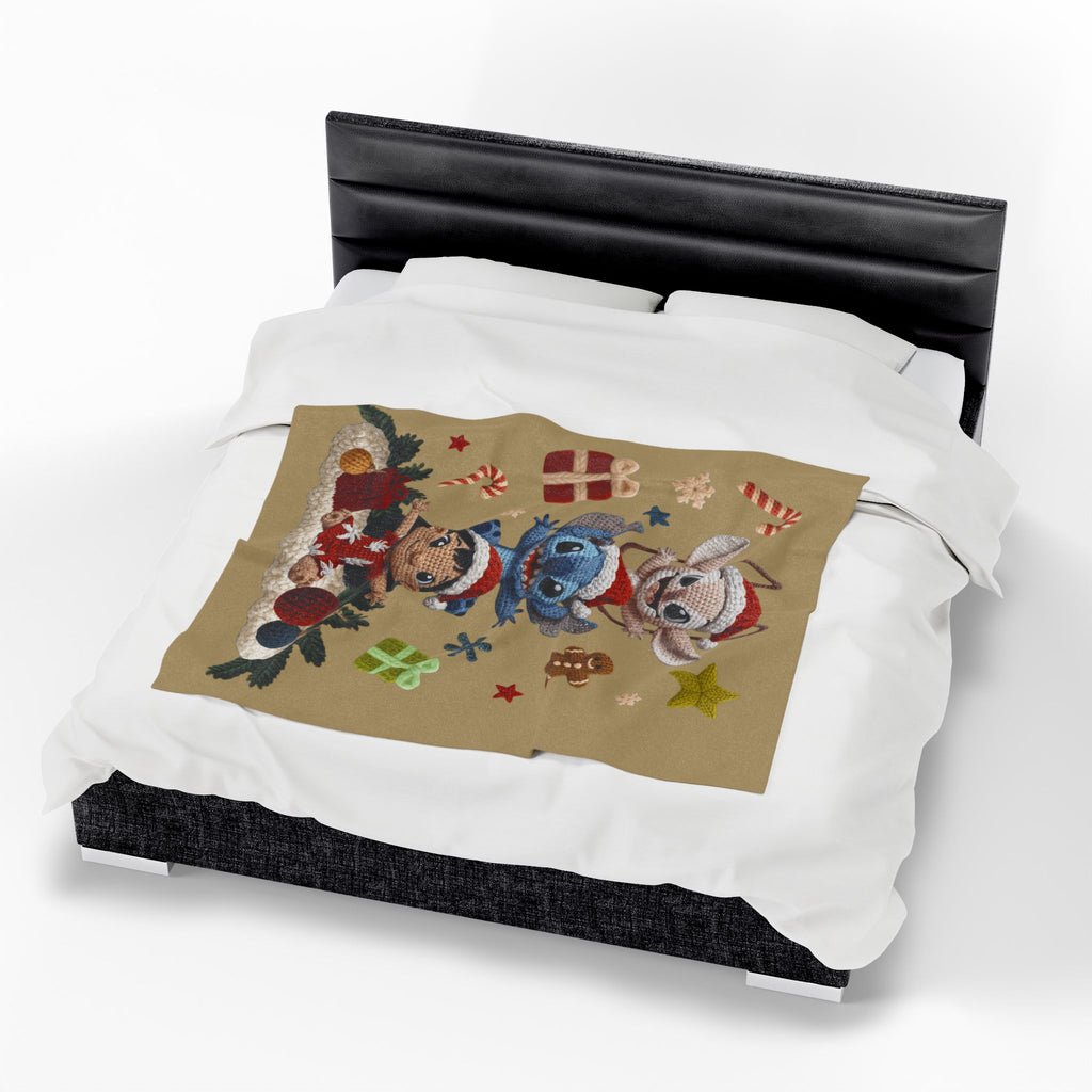 Winter Wonderland Cartoon Fleece Blanket Holiday Character Stack Velveteen Blanket Cute Christmas Stitch, Elf & Reindeer Plush Design
