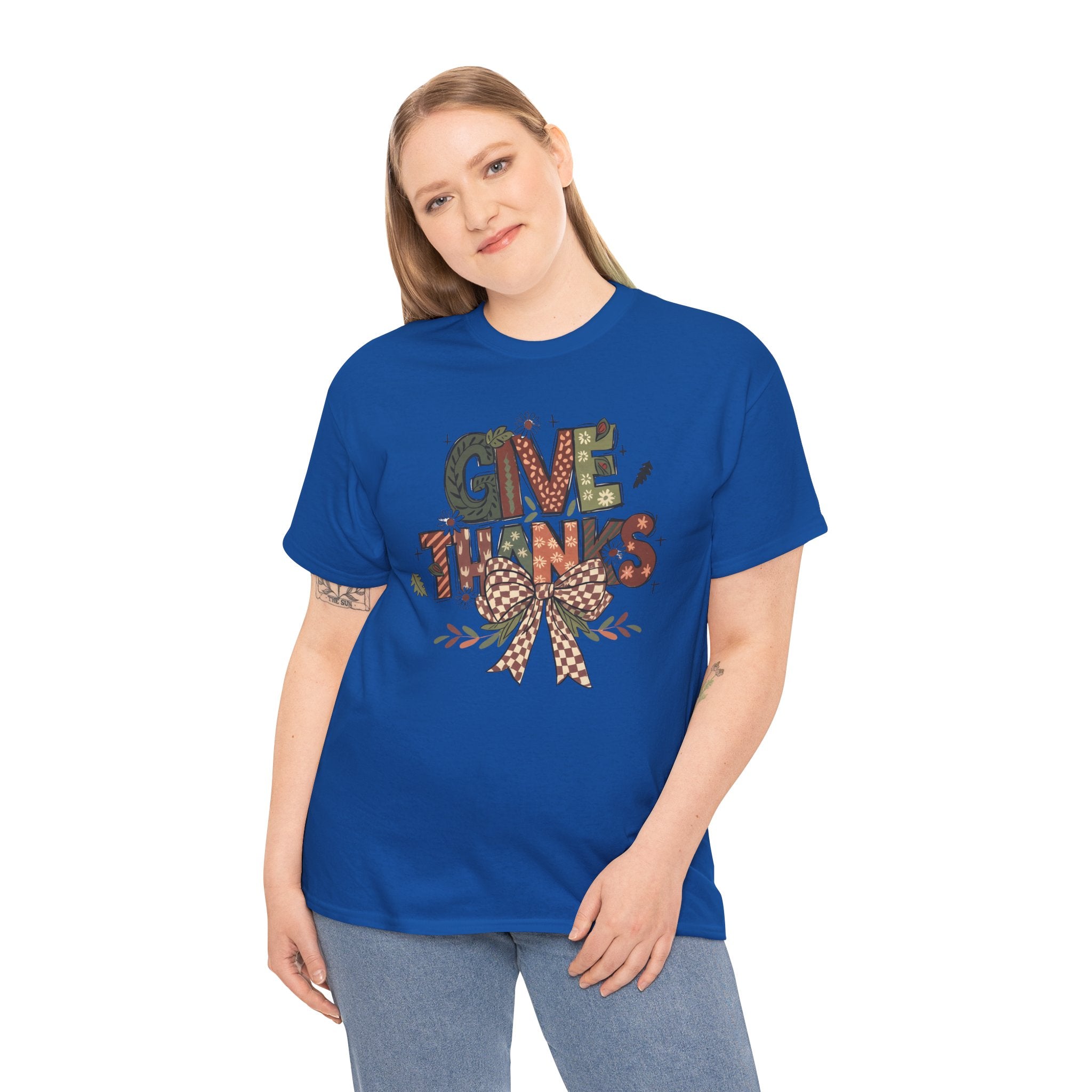 Give Thanks Tee Thanksgiving Graphic T-Shirt with Rustic Bow Design