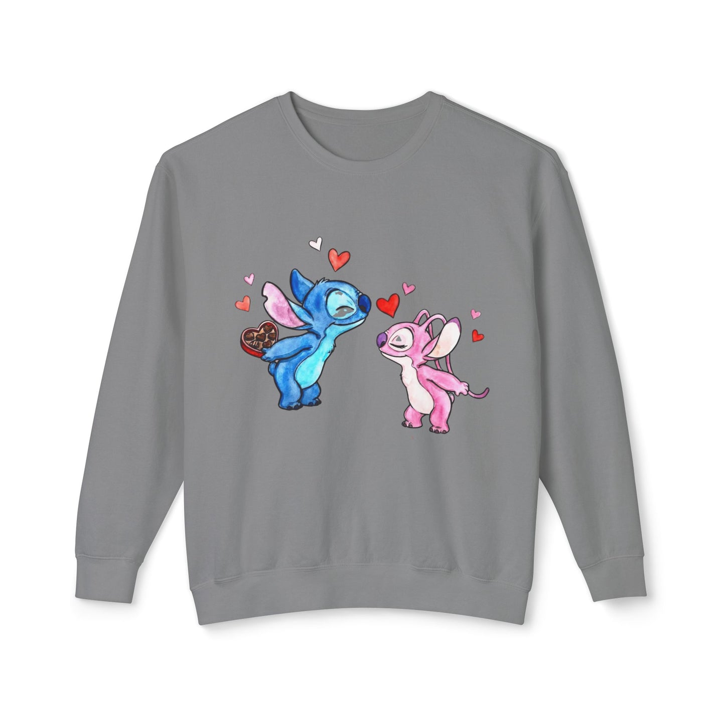 Cute Stitch Valentine Sweatshirt — Blue & Pink Love Characters with Hearts