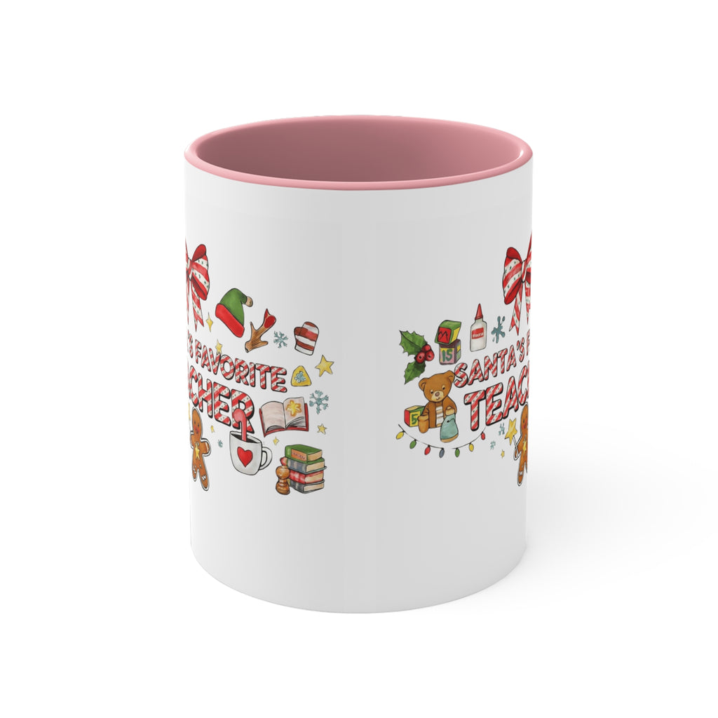 A festive Christmas mug for teachers who inspire hearts and minds all year long.  “Santa’s Favorite Teacher” 11oz Accent Coffee Cup