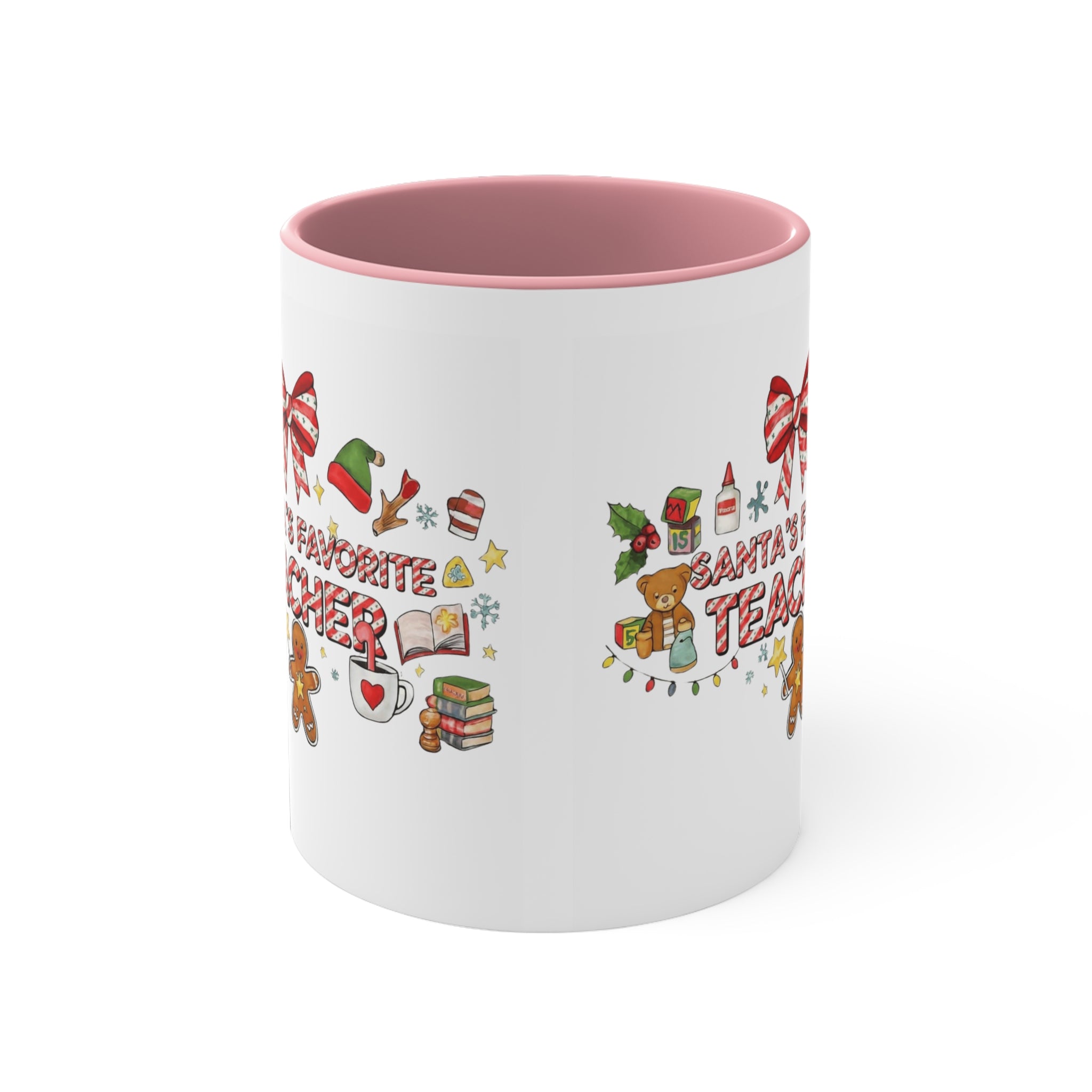 A festive Christmas mug for teachers who inspire hearts and minds all year long.  “Santa’s Favorite Teacher” 11oz Accent Coffee Cup