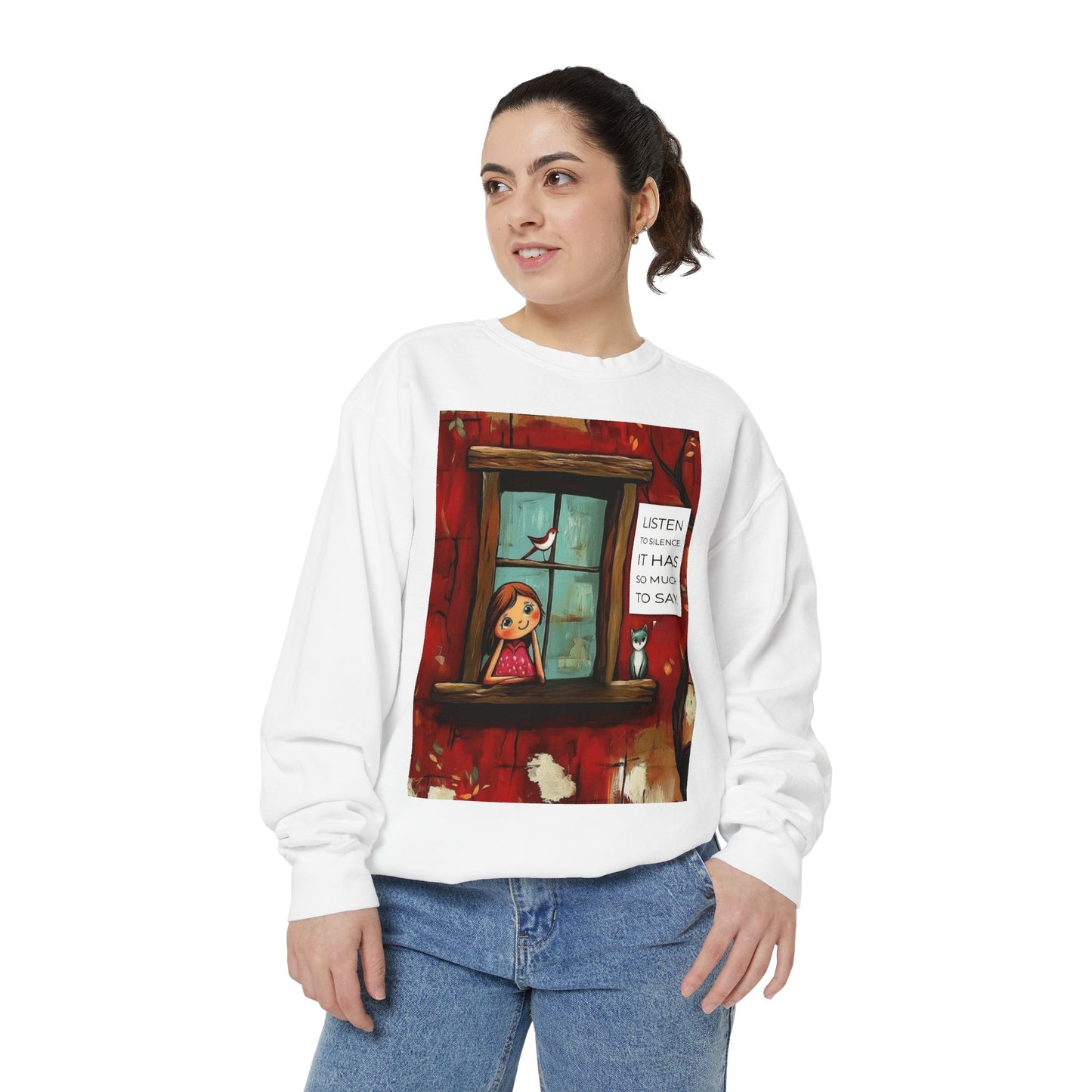 Cozy Window Scene Sweatshirt  "Listen, It Has So Much to Say" Graphic