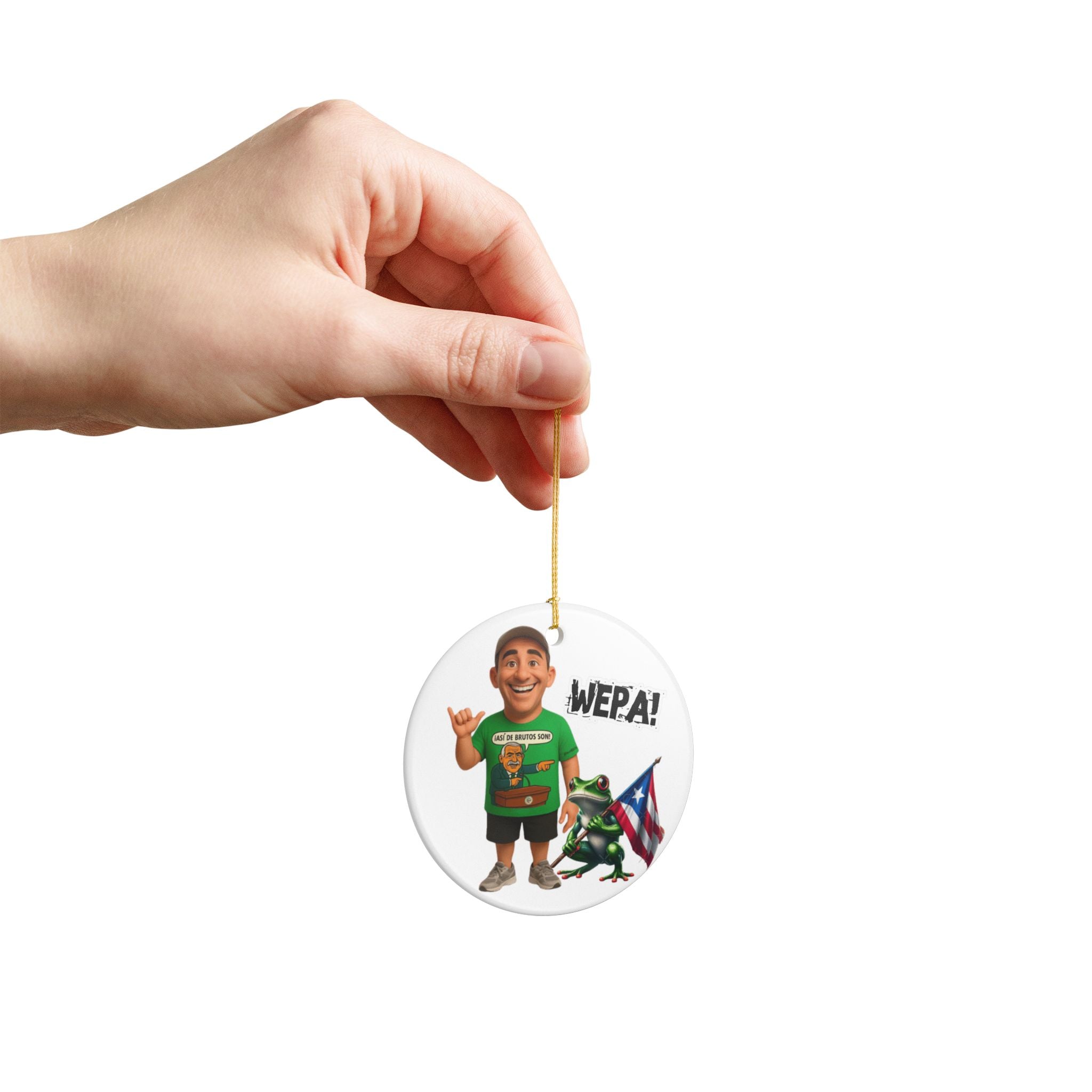 Puerto Rican Wepa! Ceramic Ornament Eliezer Molina & Coqui Frog with Flag