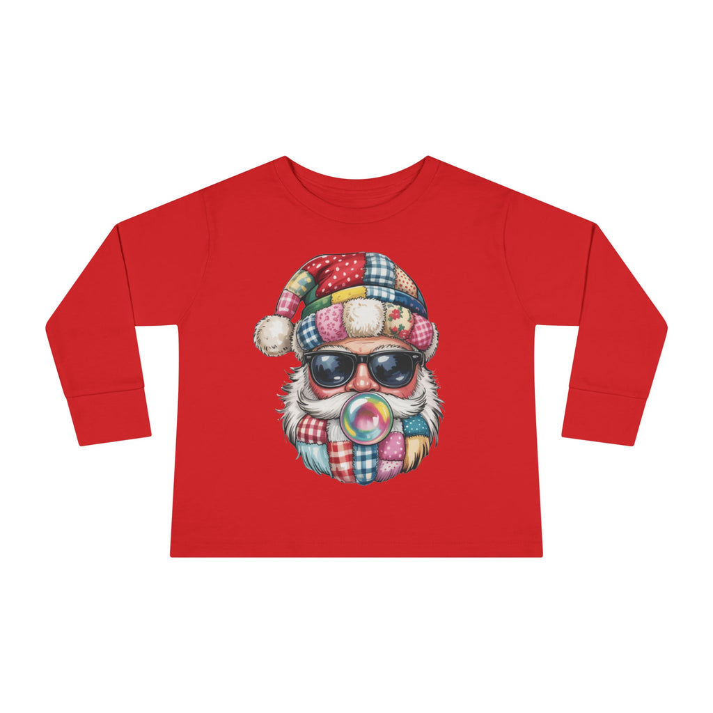 Toddler Long Sleeve Tee  Cool Santa with Patchwork Hat & Bubblegum Graphic