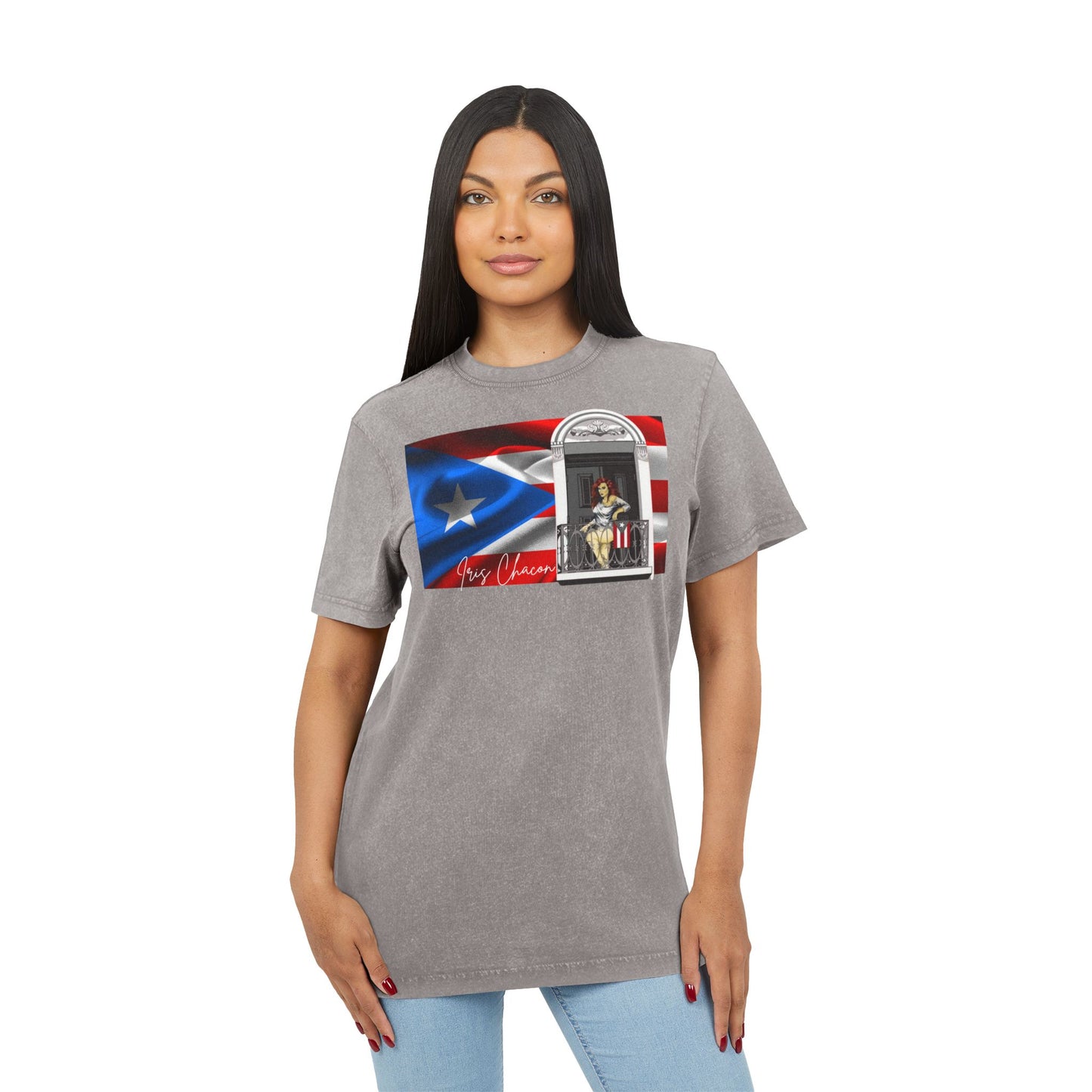 Iris Chacon Puerto Rico Patriotic Acid Washed Round Neck Tee, Vintage Style Shirt, Casual Wear, Independence Day Apparel, Gift for Music Lovers