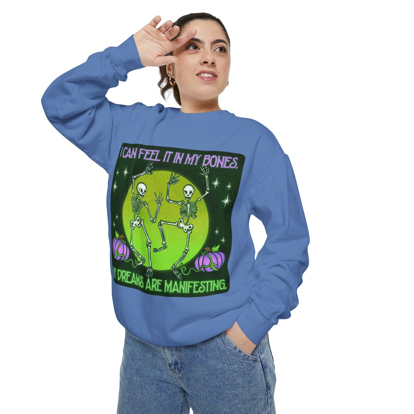 Spooky Manifesting Sweatshirt, Unisex Skeleton Pullover, Halloween Apparel, Cozy Fall Fashion, Casual Trendy Top, Unique Gift