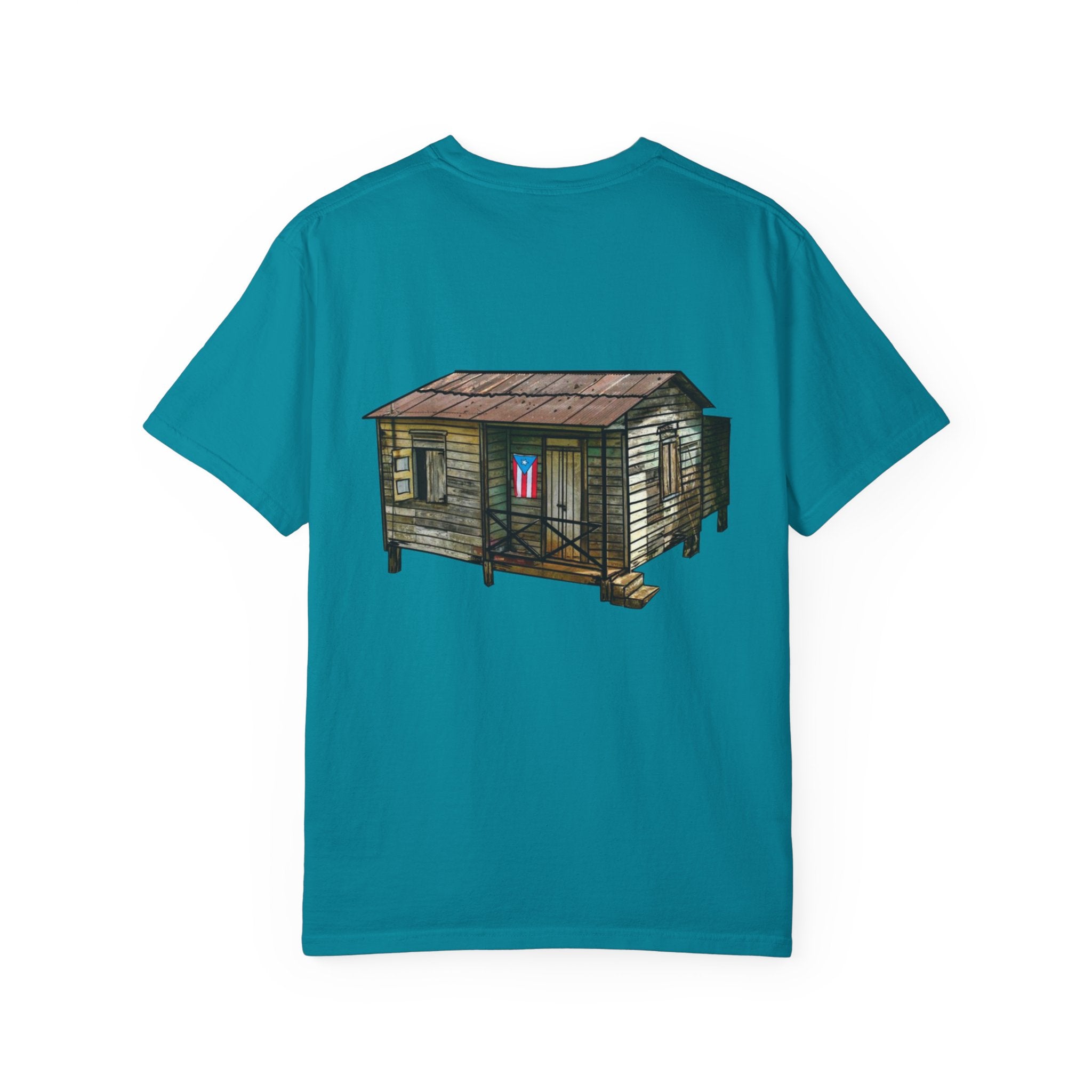 Puerto Rican Batey Cabin T-Shirt  Three Masks & Rustic House Graphic Tee Puerto Rico Navidades