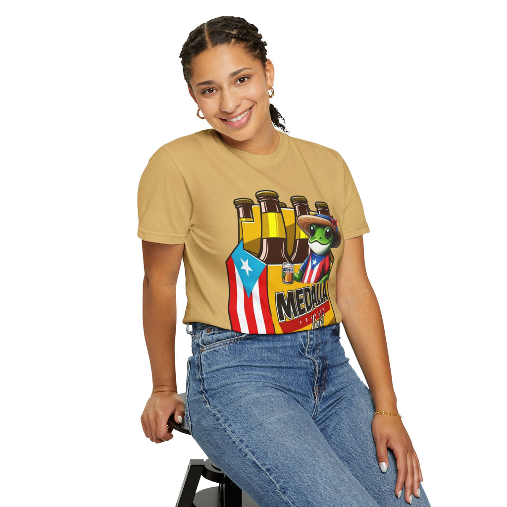 Medalla Light Puerto Rican Beer T-Shirt Coqui Frog Mascot Six-Pack Graphic Tee Puerto Rico’s Navidades