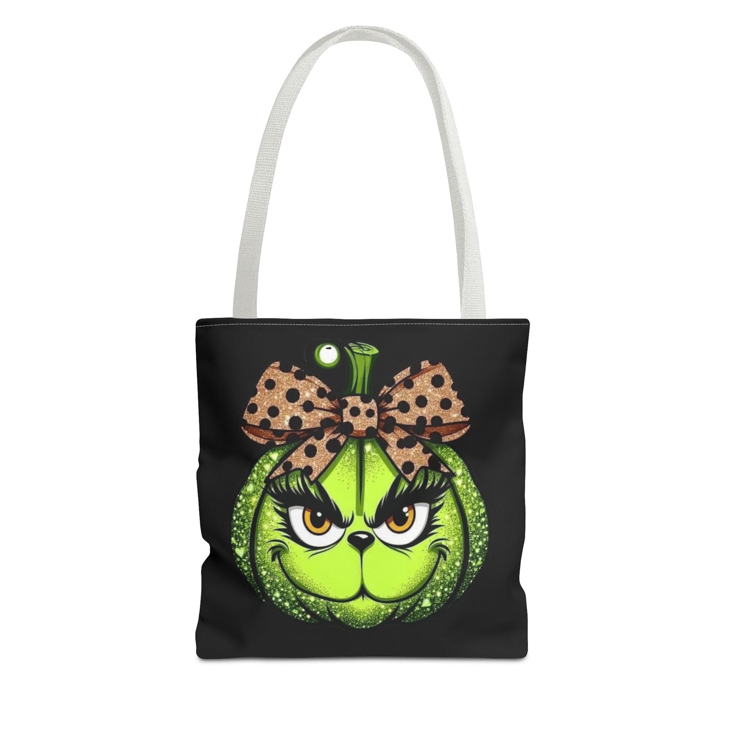 Grinch-Inspired Tote Bag with Polka Dot Bow Christmas Tote Bag Festive Holiday Design