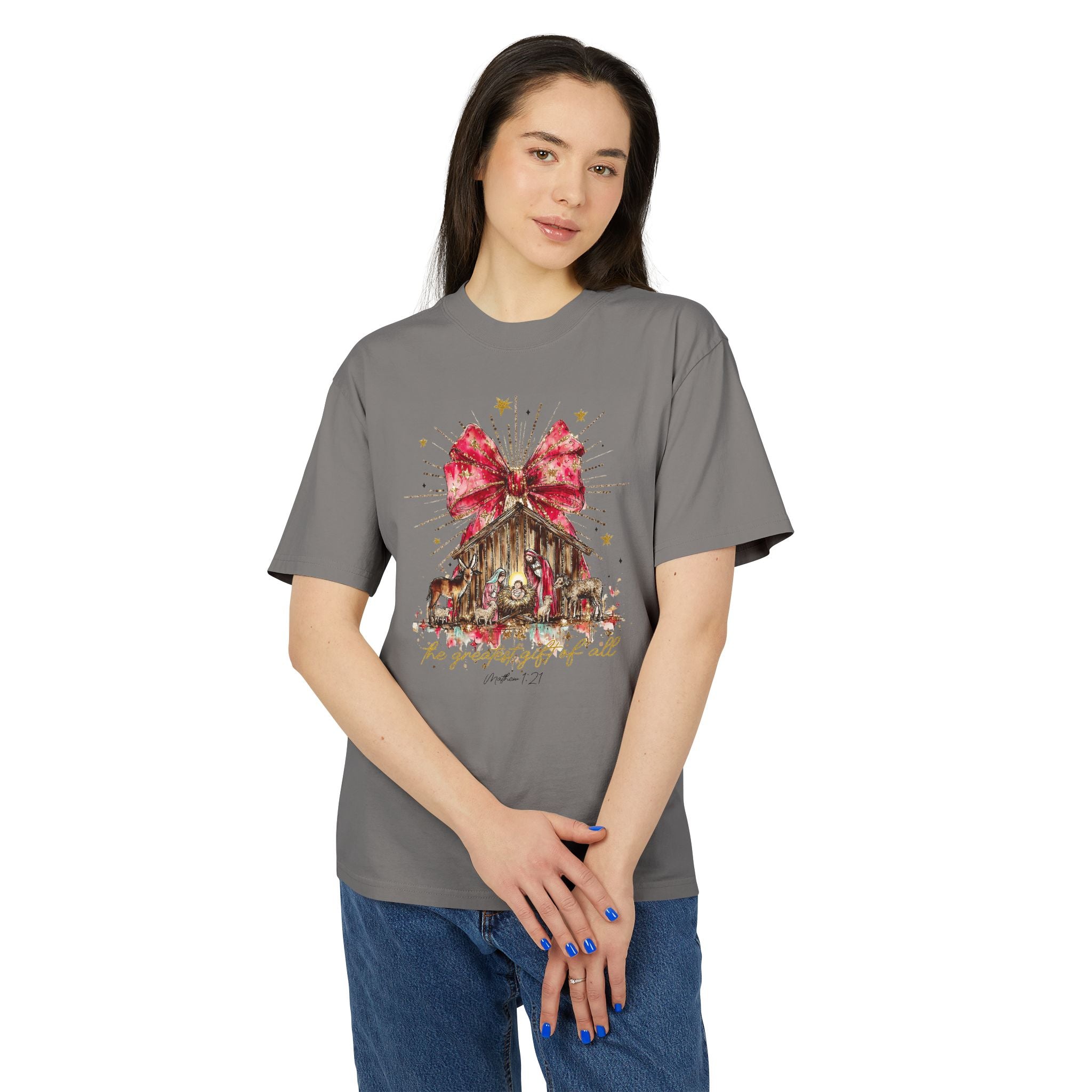 Christmas Nativity Tee  Rustic Manger with Red Bow Holiday T‑Shirt Christmas T-shirts and sweaters