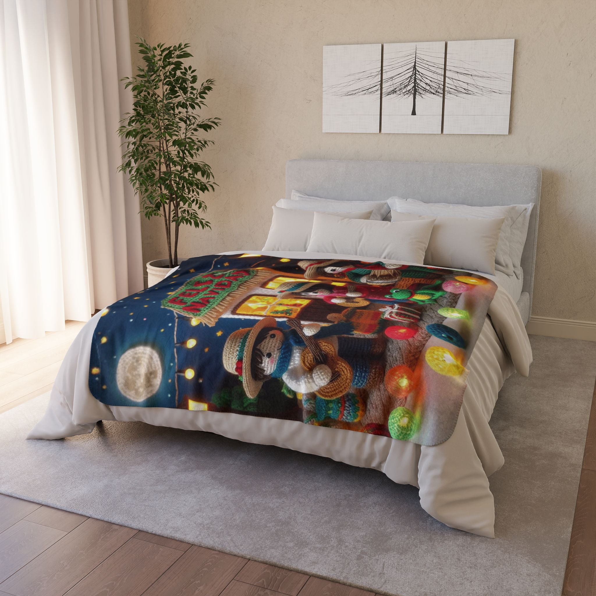 Feliz Navidad Fleece Sherpa Blanket — Festive Mexican Carolers Holiday Throw Puerto Rico Design Blanket