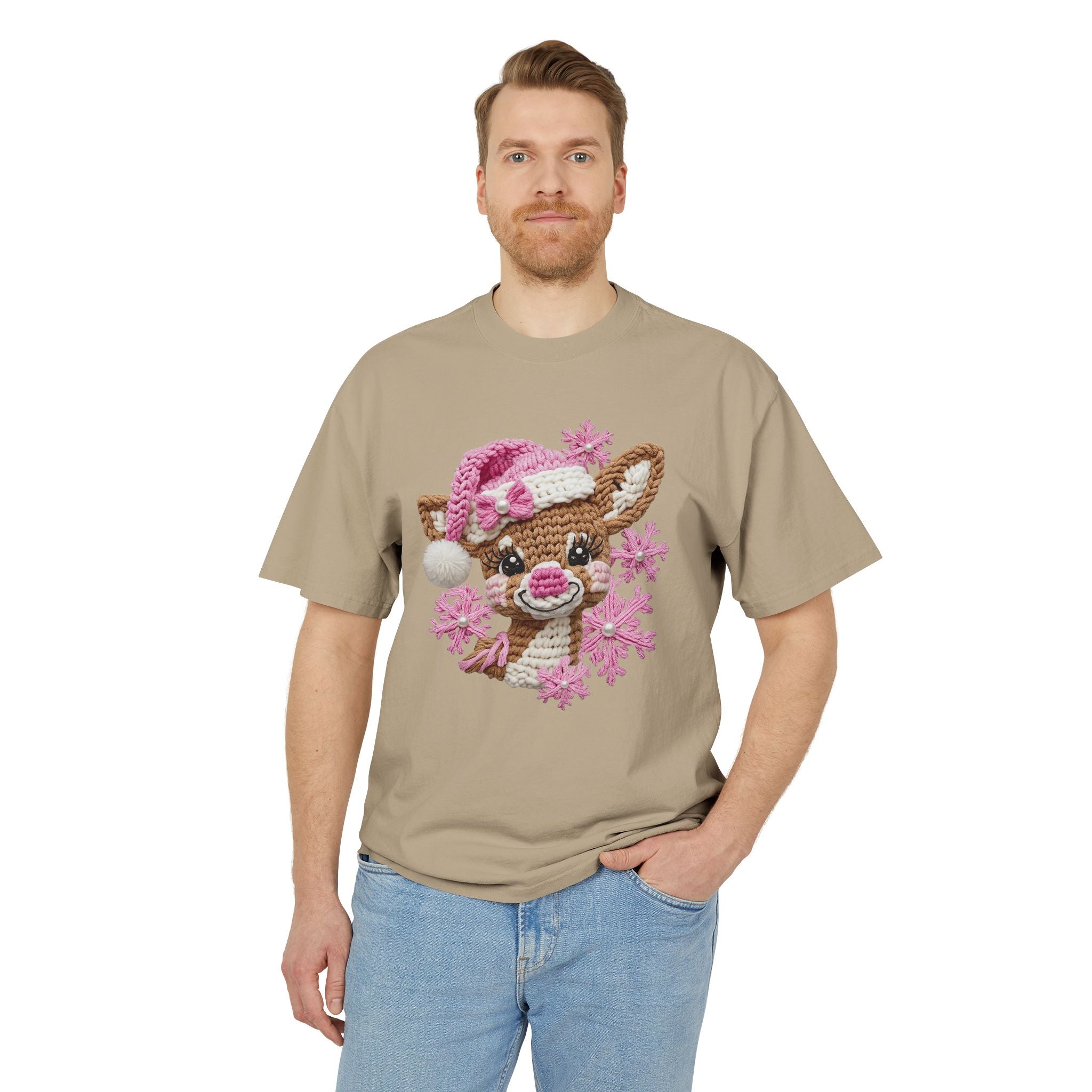 Cute Reindeer Tee — Pink Santa Hat & Snowflakes Holiday T-Shirt  cartoon-style Christmas artwork