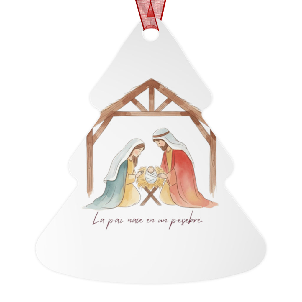 Nativity Metal Ornament — "La paz nace en un pesebre" Christmas Decoration
